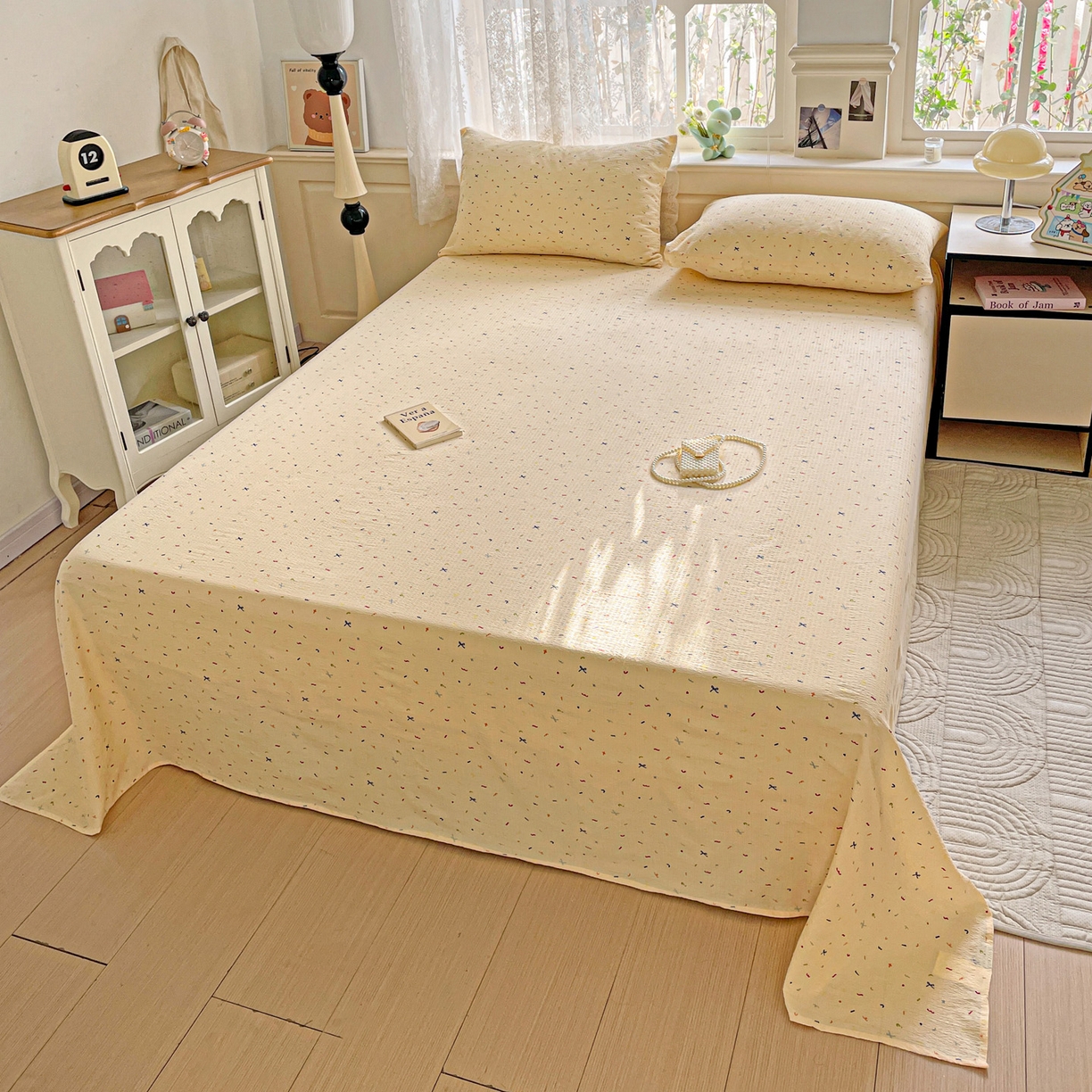 91家纺网 家纺一手货源 找家纺 （总）暖芯优选 2025新款母婴级ins小清新双层纱印花床单枕套三件套（提供买家秀）