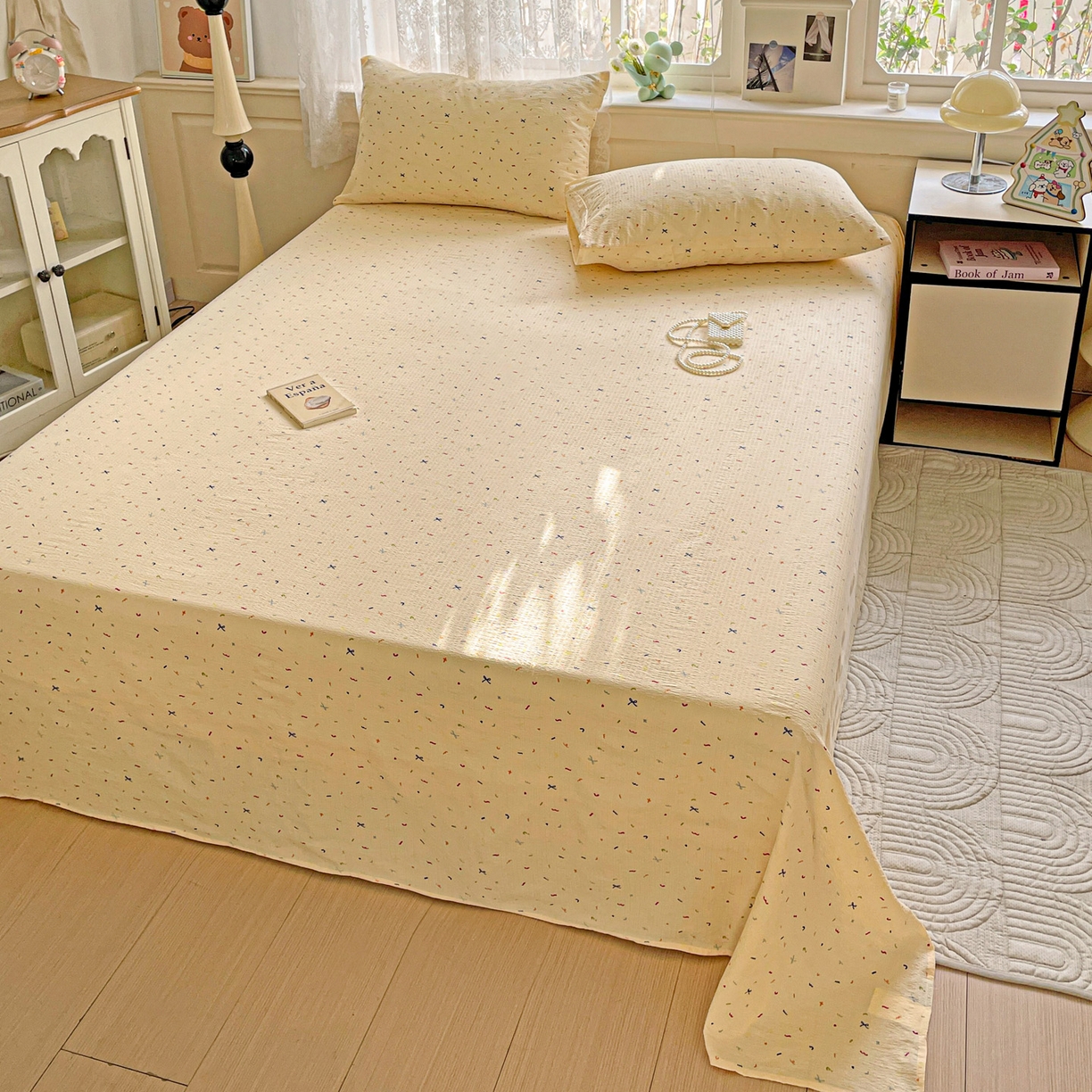 91家纺网 家纺一手货源 找家纺 （总）暖芯优选 2025新款母婴级ins小清新双层纱印花床单枕套三件套（提供买家秀）