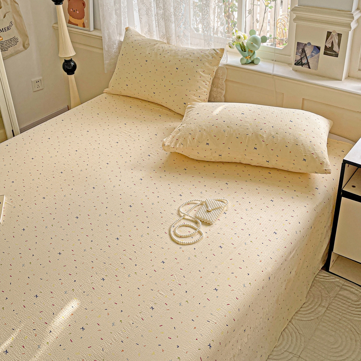 91家纺网 家纺一手货源 找家纺 暖芯优选 2025新款母婴级ins小清新双层纱印花床单枕套三件套（提供买家秀） 缤纷世界