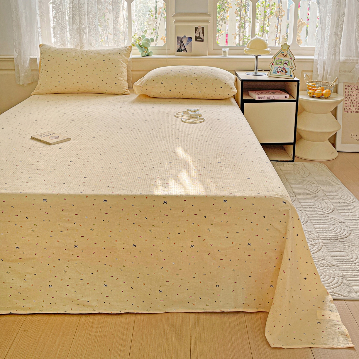 91家纺网 家纺一手货源 找家纺 暖芯优选 2025新款母婴级ins小清新双层纱印花床单枕套三件套（提供买家秀） 缤纷世界