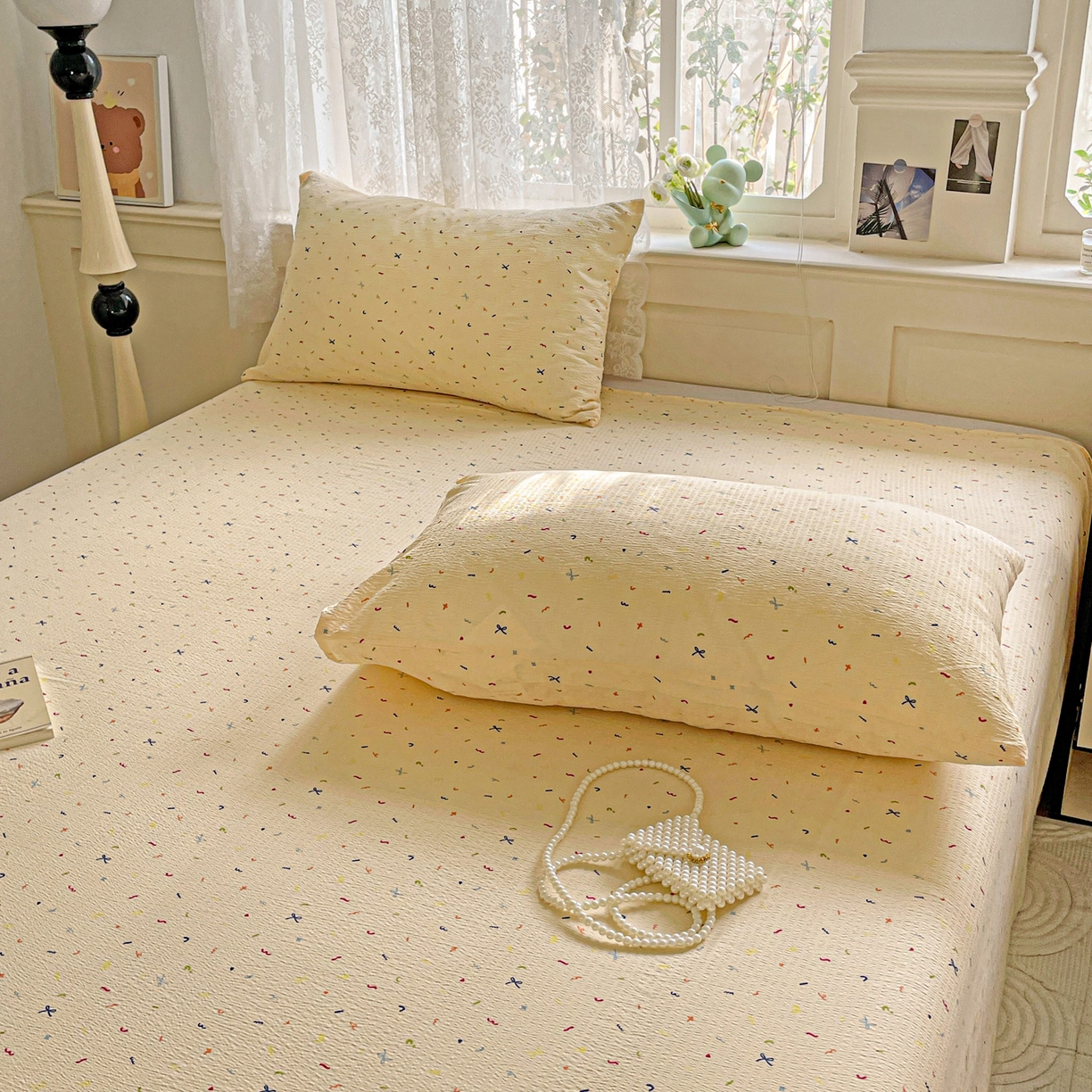 91家纺网 家纺一手货源 找家纺 暖芯优选 2025新款母婴级ins小清新双层纱印花床单枕套三件套（提供买家秀） 缤纷世界