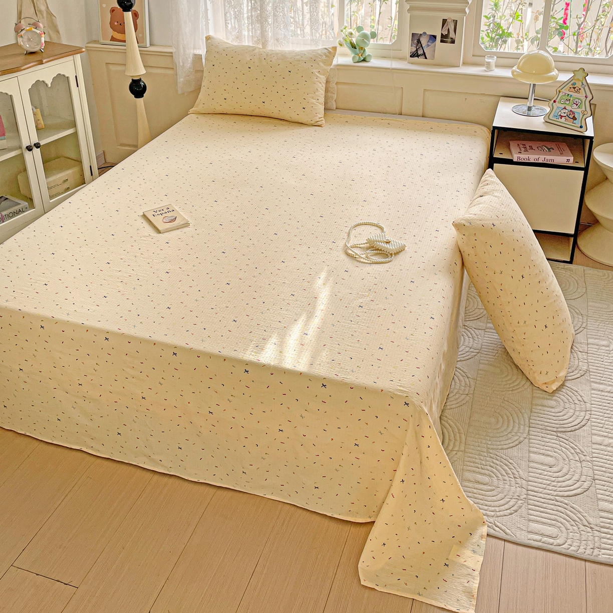 91家纺网 家纺一手货源 找家纺 暖芯优选 2025新款母婴级ins小清新双层纱印花床单枕套三件套（提供买家秀） 缤纷世界