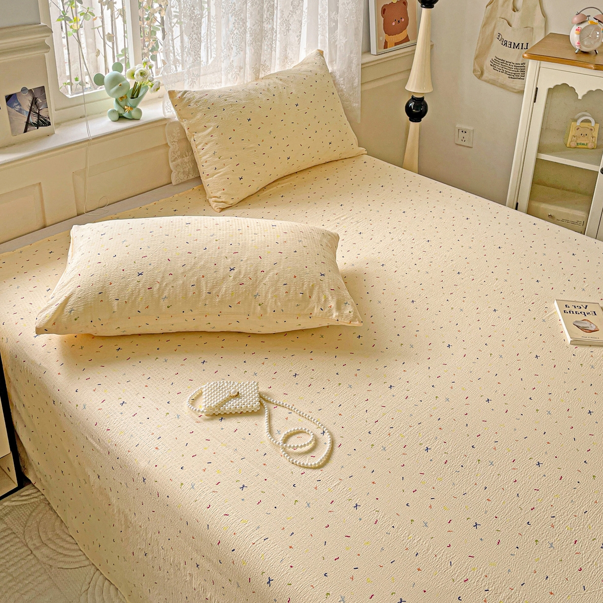 91家纺网 家纺一手货源 找家纺 暖芯优选 2025新款母婴级ins小清新双层纱印花床单枕套三件套（提供买家秀） 缤纷世界