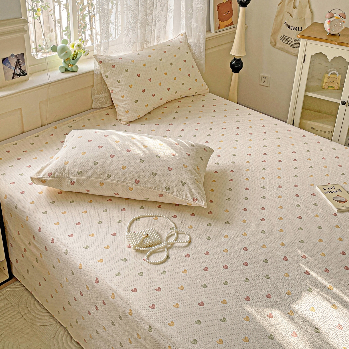 91家纺网 家纺一手货源 找家纺 暖芯优选 2025新款母婴级ins小清新双层纱印花床单枕套三件套（提供买家秀） 彩色爱心