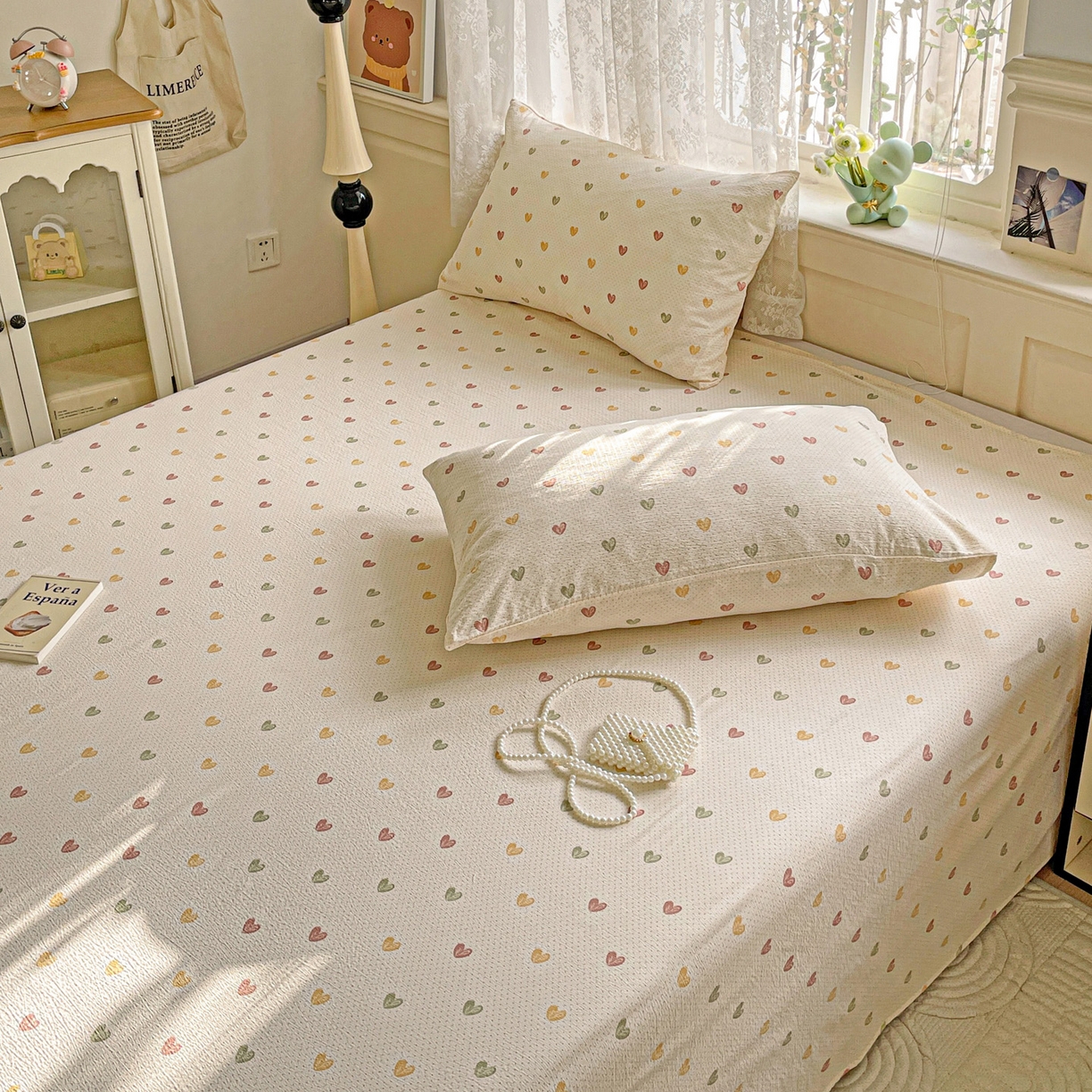 91家纺网 家纺一手货源 找家纺 暖芯优选 2025新款母婴级ins小清新双层纱印花床单枕套三件套（提供买家秀） 彩色爱心