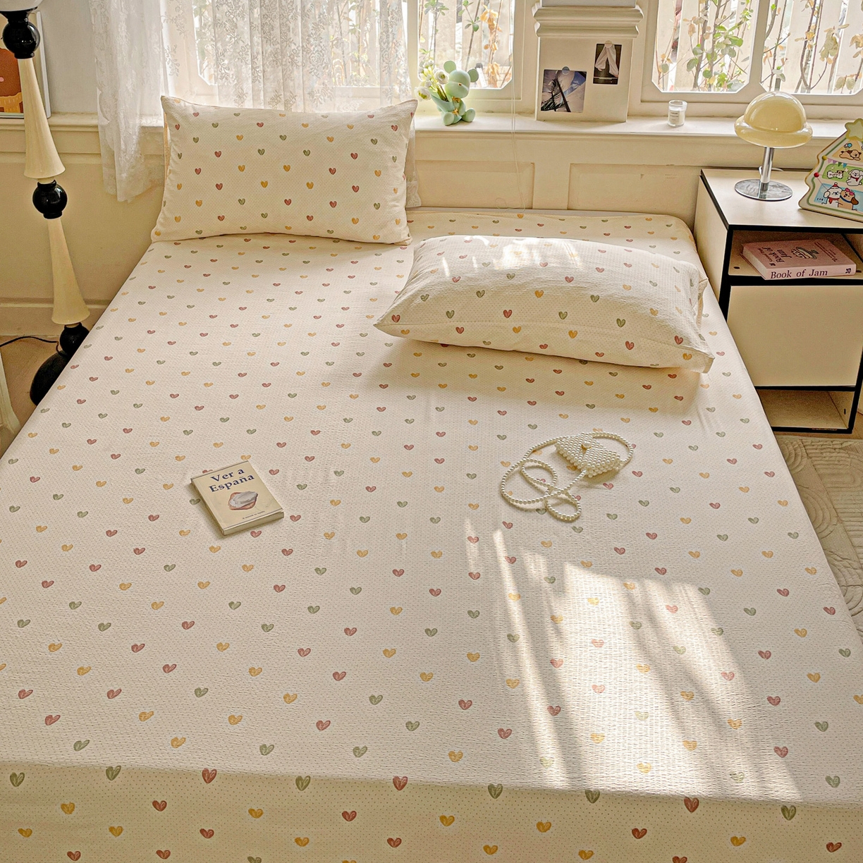 91家纺网 家纺一手货源 找家纺 暖芯优选 2025新款母婴级ins小清新双层纱印花床单枕套三件套（提供买家秀） 彩色爱心