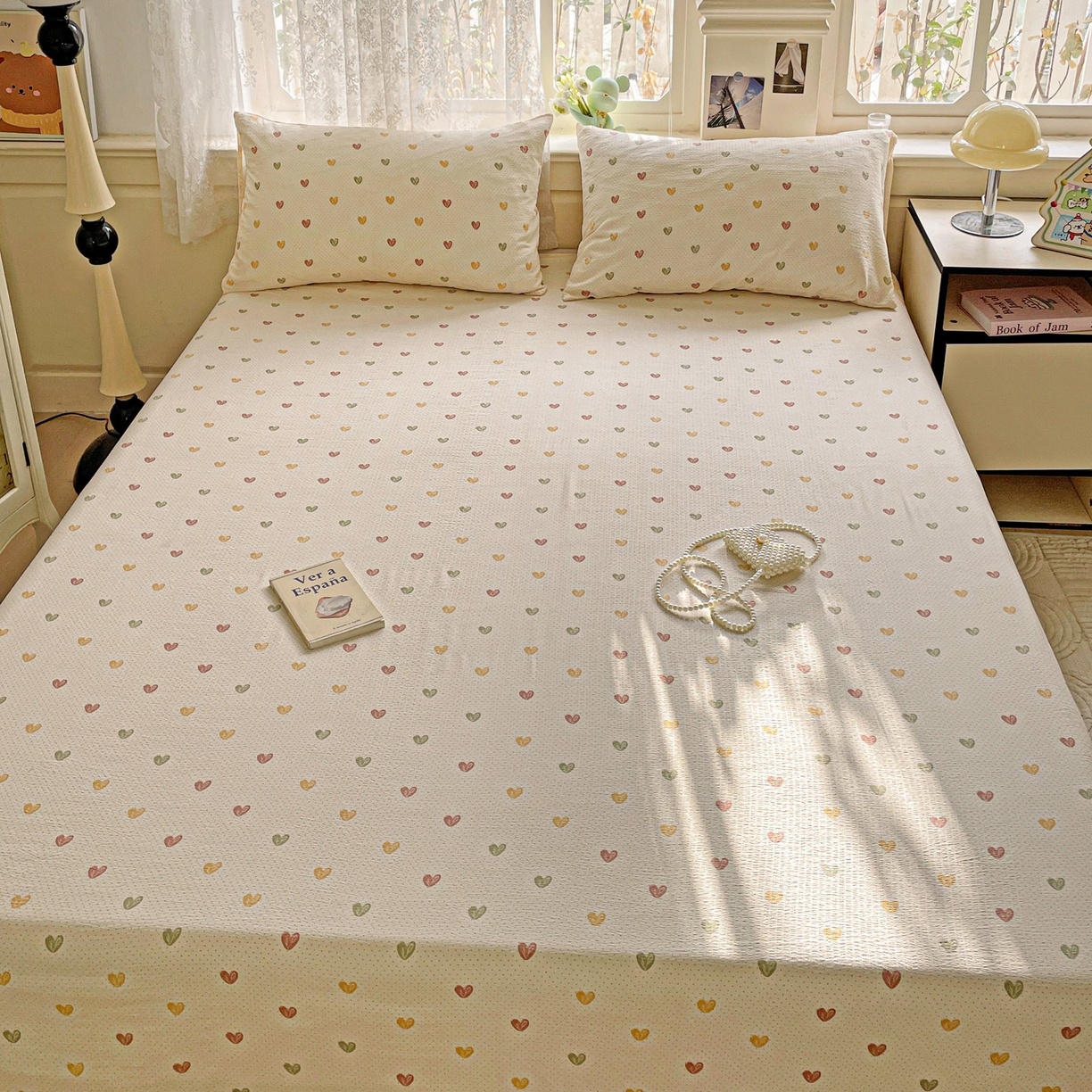 91家纺网 家纺一手货源 找家纺 暖芯优选 2025新款母婴级ins小清新双层纱印花床单枕套三件套（提供买家秀） 彩色爱心