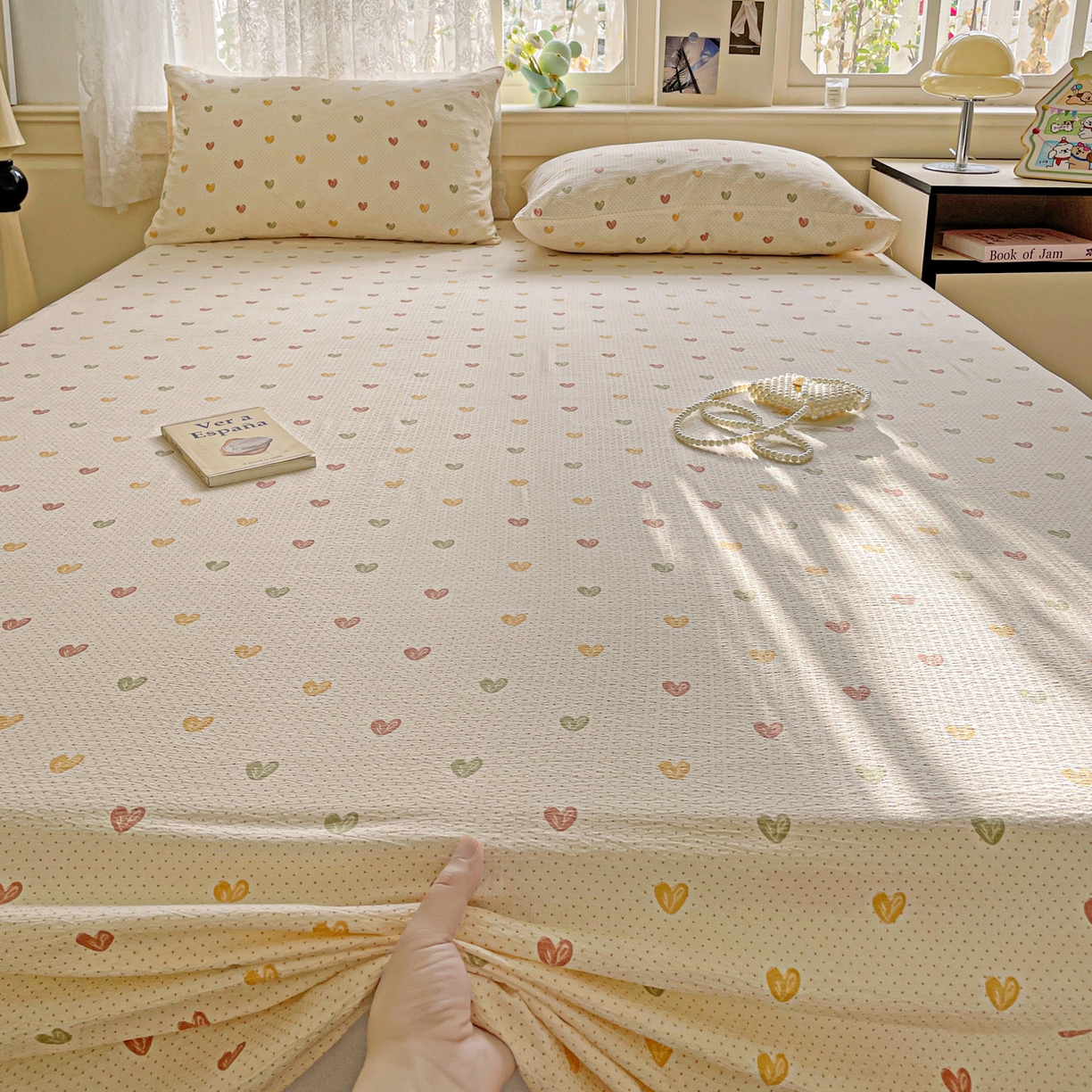 91家纺网 家纺一手货源 找家纺 暖芯优选 2025新款母婴级ins小清新双层纱印花床单枕套三件套（提供买家秀） 彩色爱心