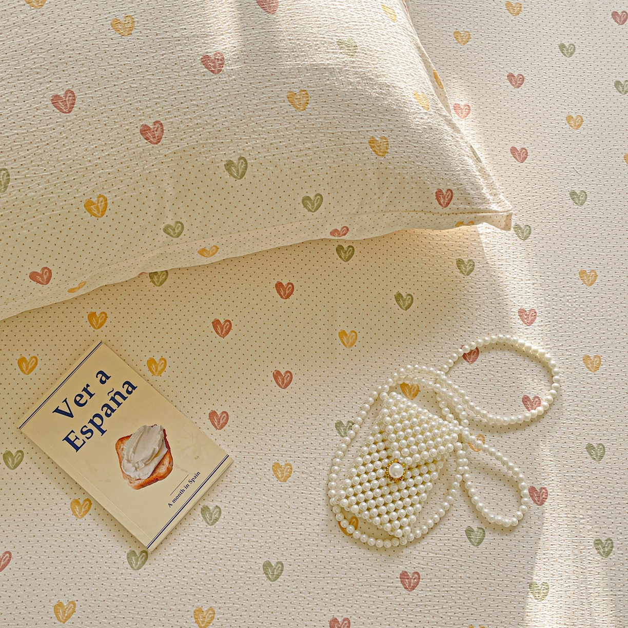 91家纺网 家纺一手货源 找家纺 暖芯优选 2025新款母婴级ins小清新双层纱印花床单枕套三件套（提供买家秀） 彩色爱心