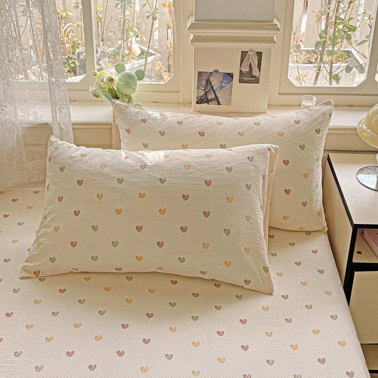 91家纺网 家纺一手货源 找家纺 暖芯优选 2025新款母婴级ins小清新双层纱印花床单枕套三件套（提供买家秀） 彩色爱心