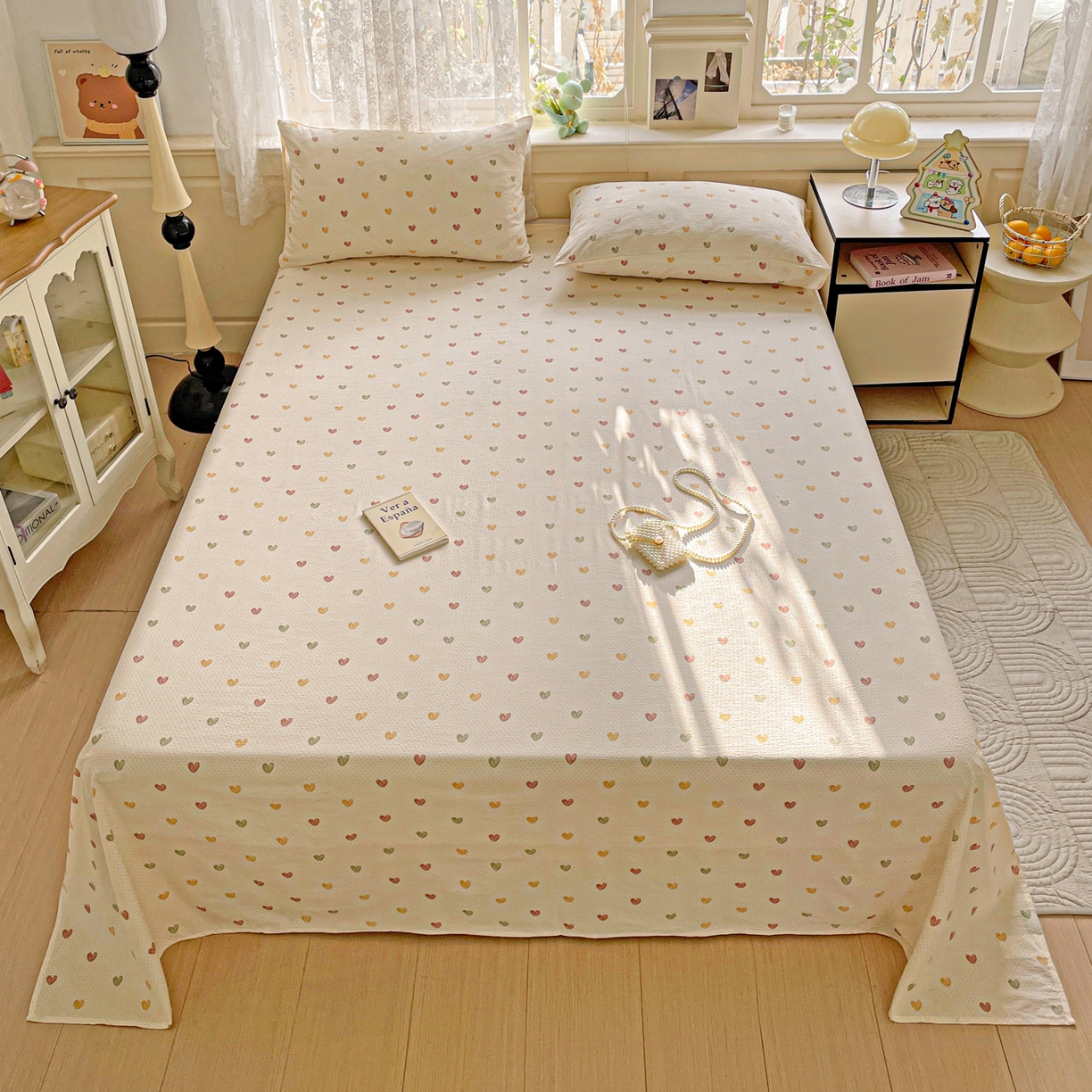 91家纺网 家纺一手货源 找家纺 暖芯优选 2025新款母婴级ins小清新双层纱印花床单枕套三件套（提供买家秀） 彩色爱心