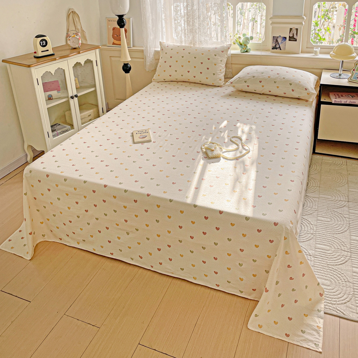 91家纺网 家纺一手货源 找家纺 暖芯优选 2025新款母婴级ins小清新双层纱印花床单枕套三件套（提供买家秀） 彩色爱心