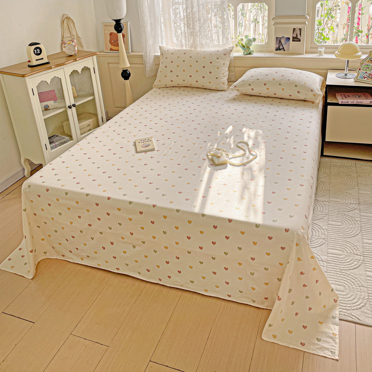 91家纺网 家纺一手货源 找家纺 暖芯优选 2025新款母婴级ins小清新双层纱印花床单枕套三件套（提供买家秀） 彩色爱心