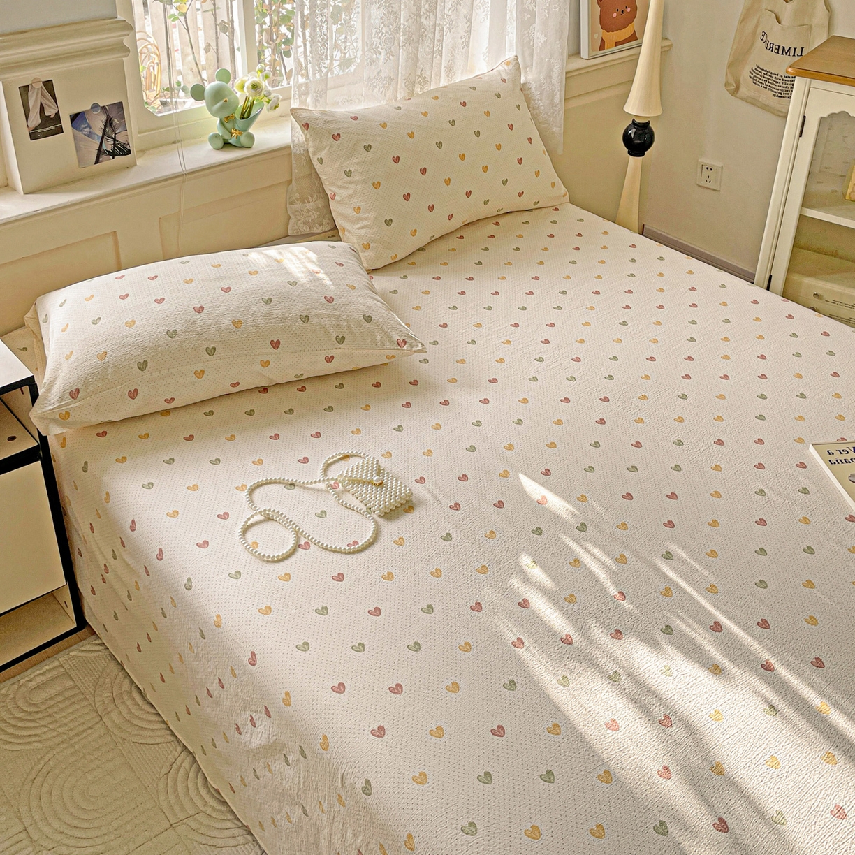 91家纺网 家纺一手货源 找家纺 暖芯优选 2025新款母婴级ins小清新双层纱印花床单枕套三件套（提供买家秀） 彩色爱心