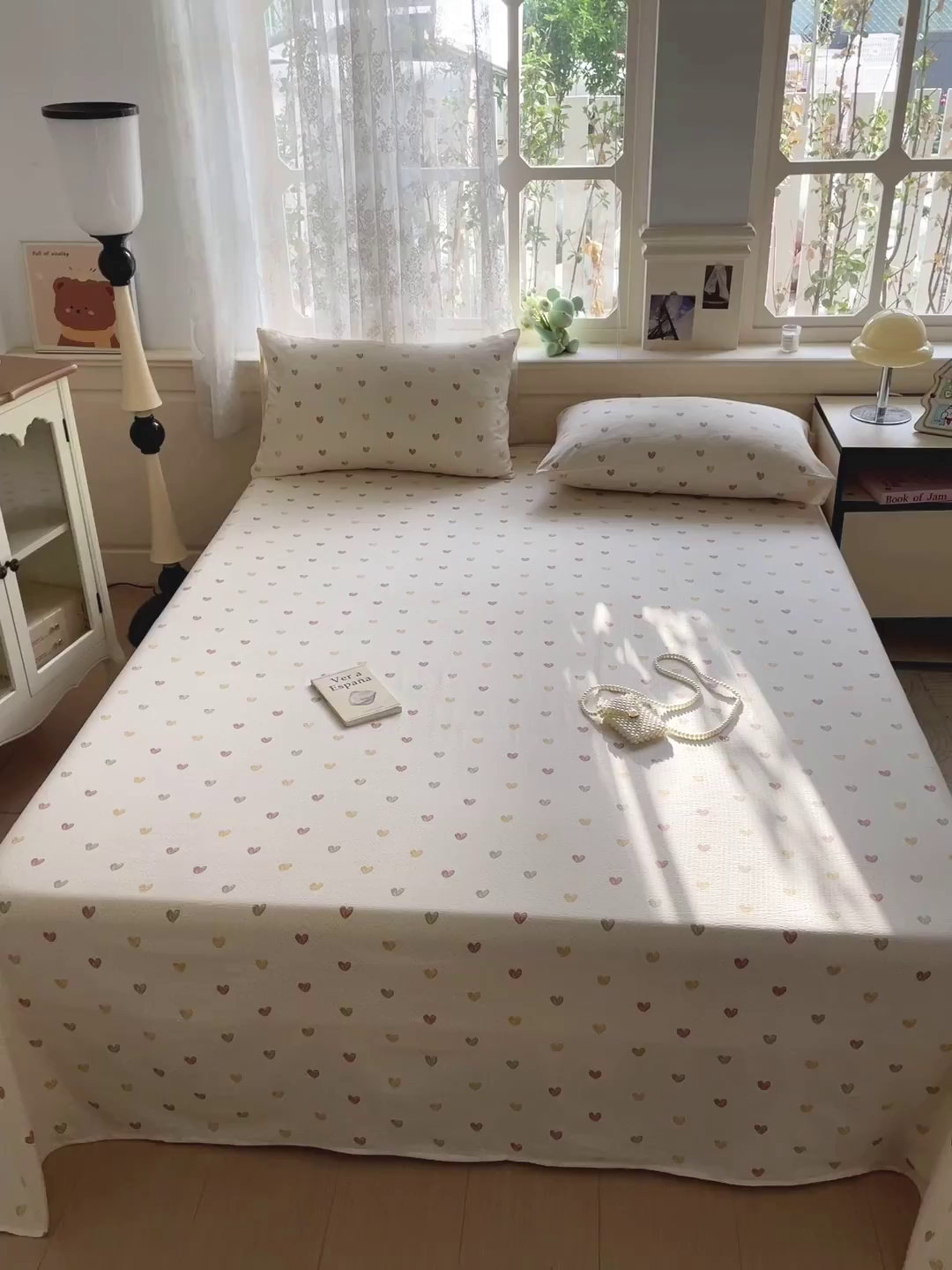 91家纺网 家纺一手货源 找家纺 暖芯优选 2025新款母婴级ins小清新双层纱印花床单枕套三件套（提供买家秀） 彩色爱心