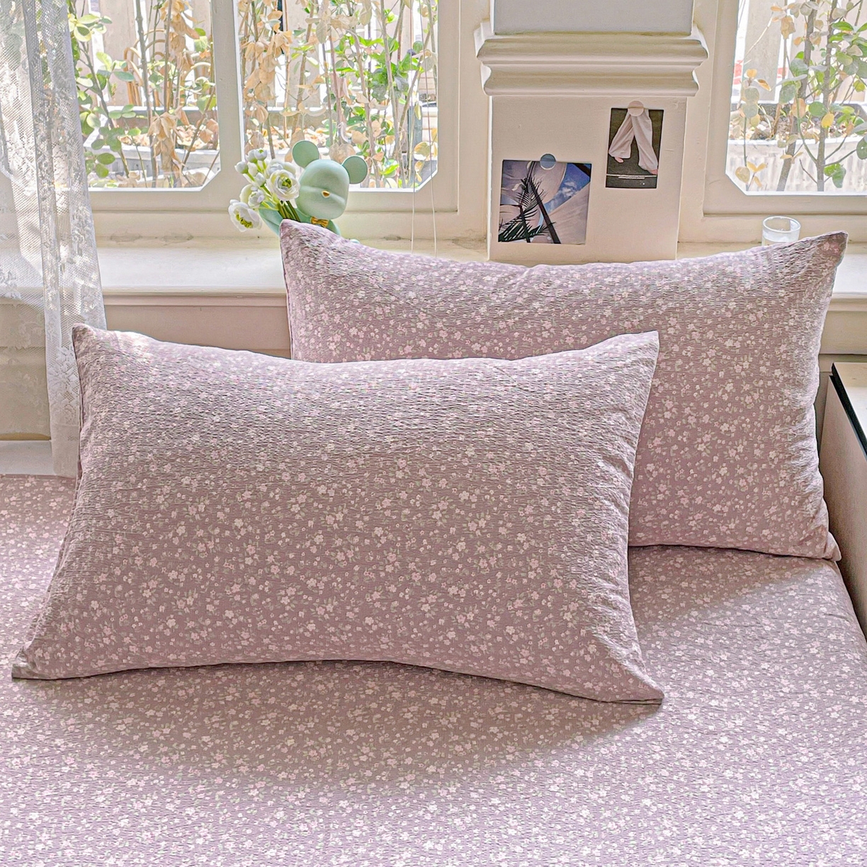 91家纺网 家纺一手货源 找家纺 暖芯优选 2025新款母婴级ins小清新双层纱印花床单枕套三件套（提供买家秀） 晨幕花间