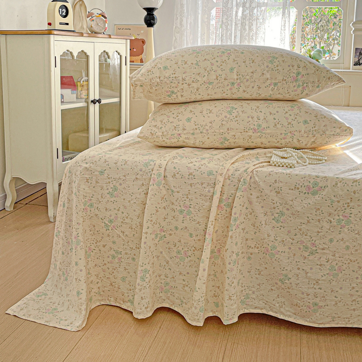 91家纺网 家纺一手货源 找家纺 暖芯优选 2025新款母婴级ins小清新双层纱印花床单枕套三件套（提供买家秀） 浮生半暖