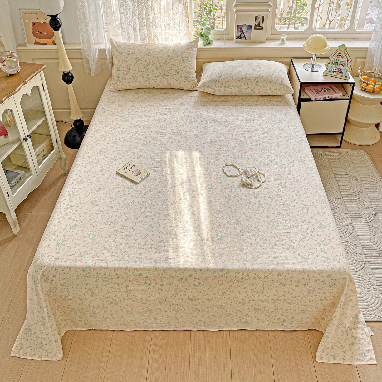 91家纺网 家纺一手货源 找家纺 暖芯优选 2025新款母婴级ins小清新双层纱印花床单枕套三件套（提供买家秀） 浮生半暖