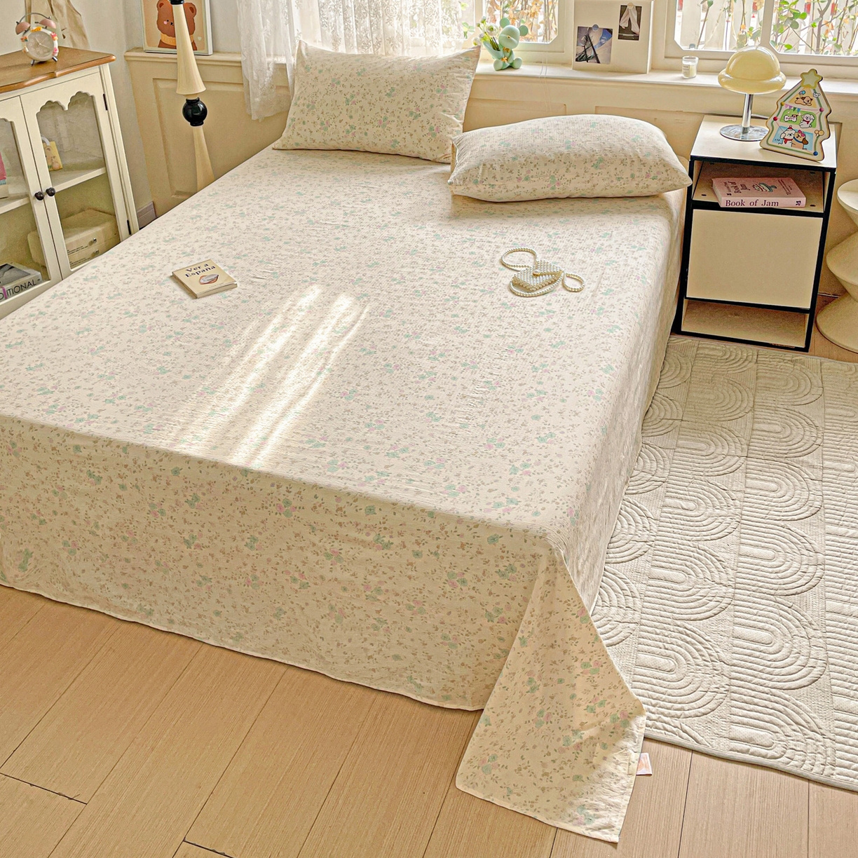 91家纺网 家纺一手货源 找家纺 暖芯优选 2025新款母婴级ins小清新双层纱印花床单枕套三件套（提供买家秀） 浮生半暖