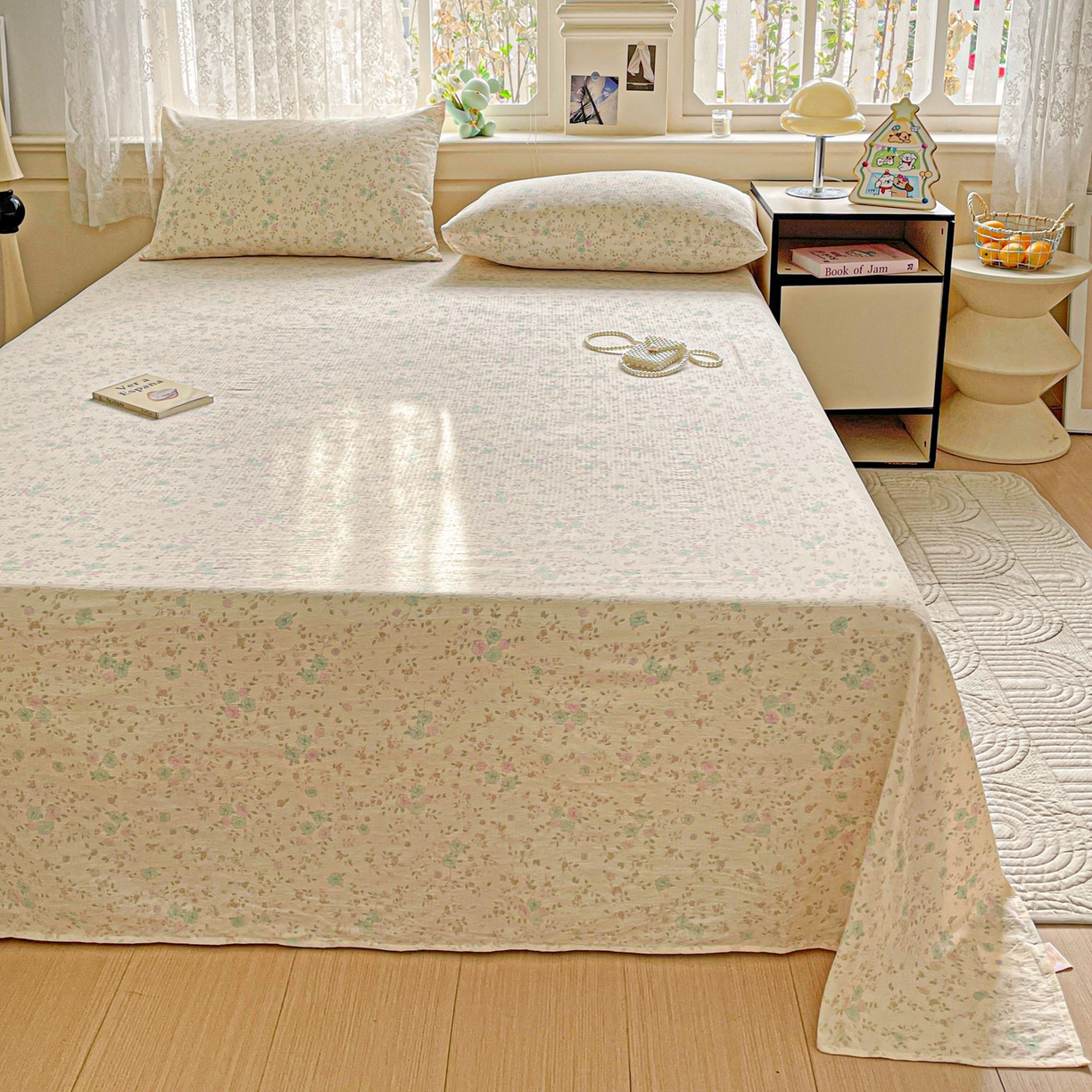 91家纺网 家纺一手货源 找家纺 暖芯优选 2025新款母婴级ins小清新双层纱印花床单枕套三件套（提供买家秀） 浮生半暖