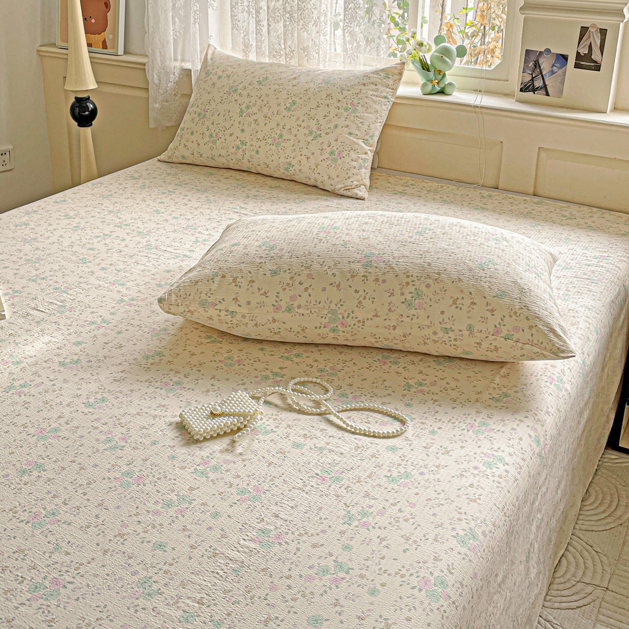 91家纺网 家纺一手货源 找家纺 暖芯优选 2025新款母婴级ins小清新双层纱印花床单枕套三件套（提供买家秀） 浮生半暖