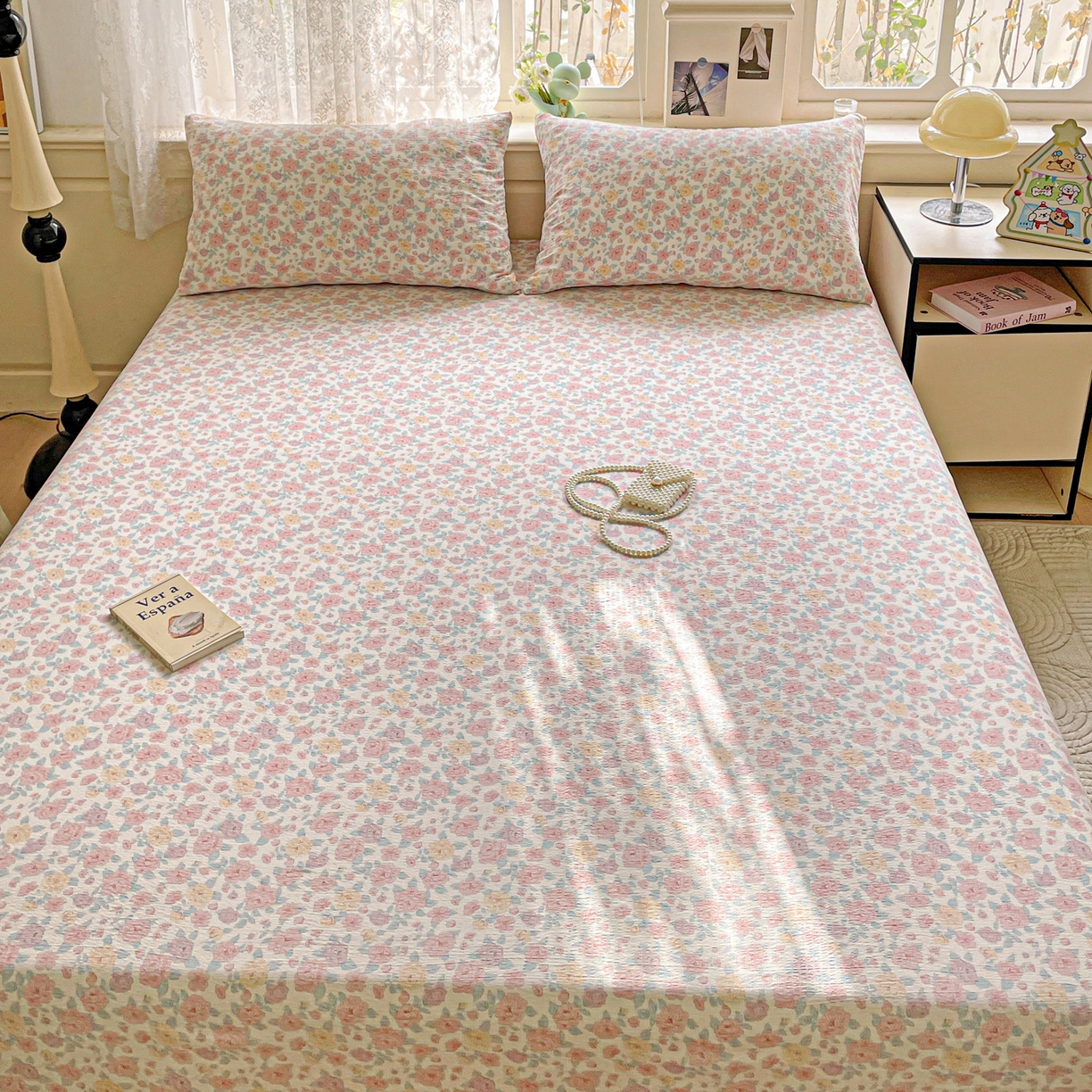 91家纺网 家纺一手货源 找家纺 暖芯优选 2025新款母婴级ins小清新双层纱印花床单枕套三件套（提供买家秀） 海棠花开