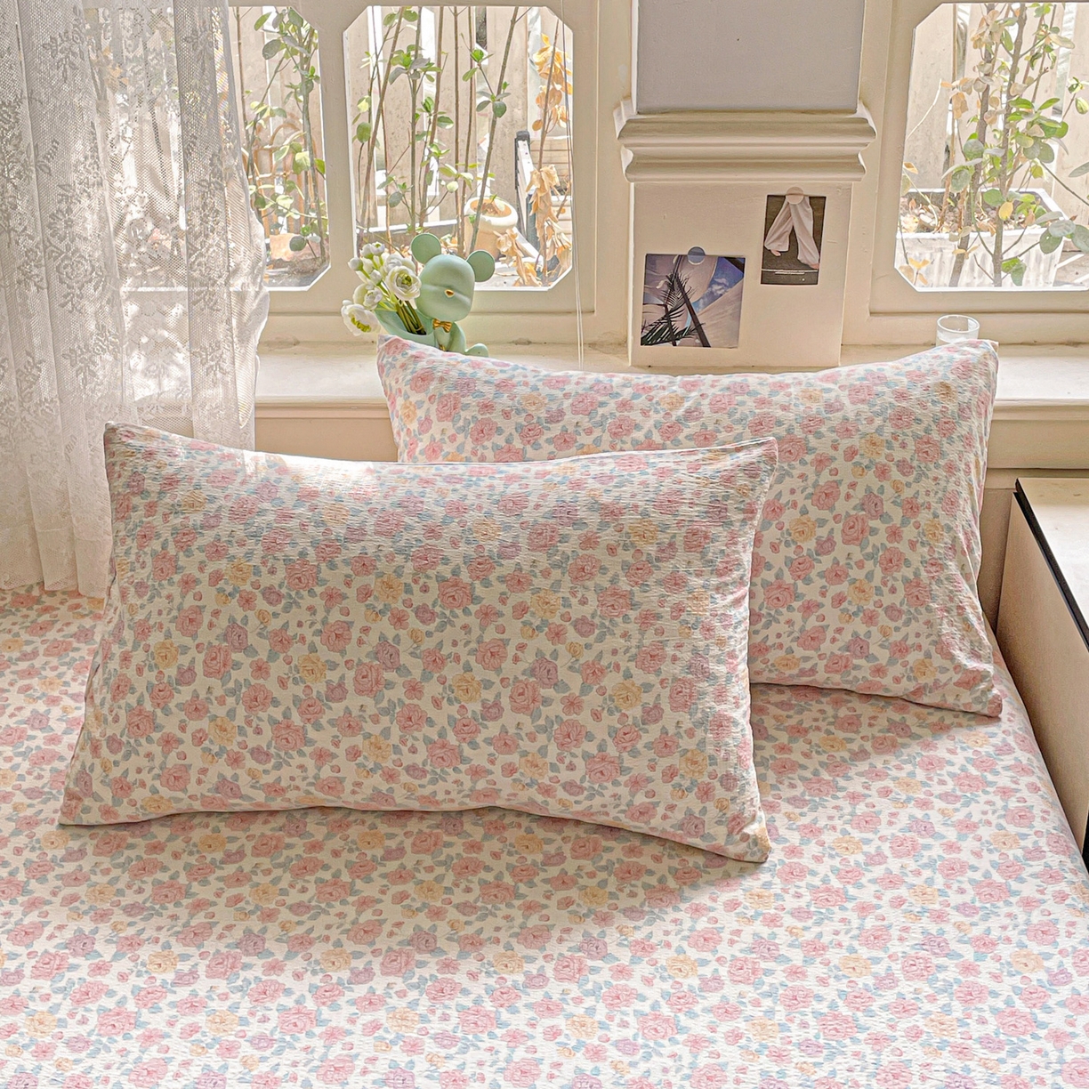 91家纺网 家纺一手货源 找家纺 暖芯优选 2025新款母婴级ins小清新双层纱印花床单枕套三件套（提供买家秀） 海棠花开