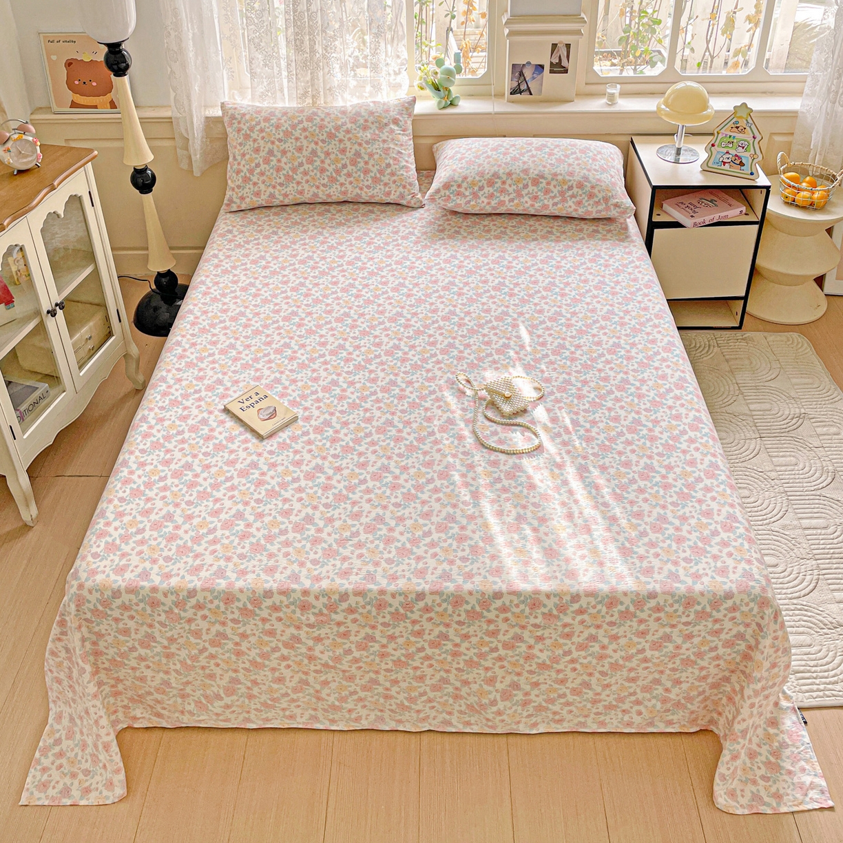 91家纺网 家纺一手货源 找家纺 暖芯优选 2025新款母婴级ins小清新双层纱印花床单枕套三件套（提供买家秀） 海棠花开