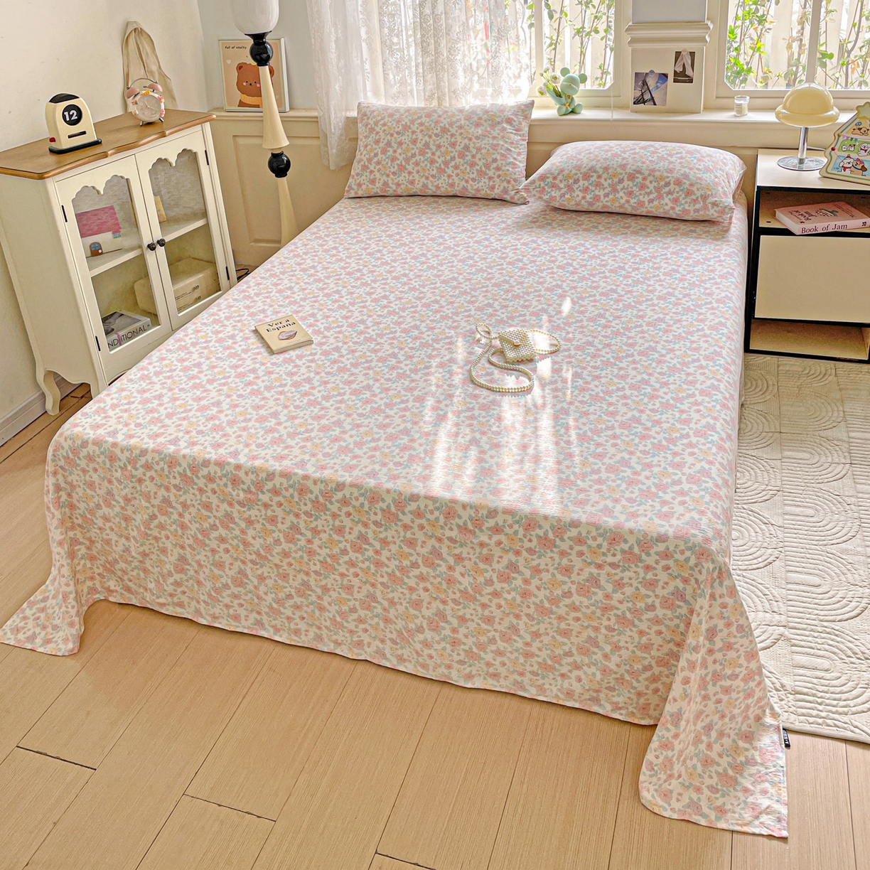 91家纺网 家纺一手货源 找家纺 暖芯优选 2025新款母婴级ins小清新双层纱印花床单枕套三件套（提供买家秀） 海棠花开