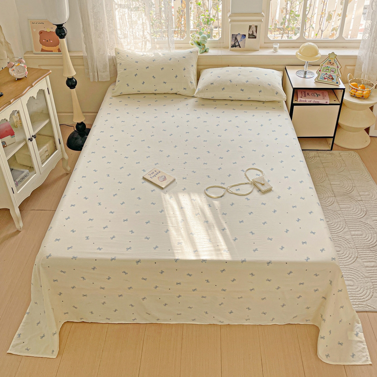 91家纺网 家纺一手货源 找家纺 暖芯优选 2025新款母婴级ins小清新双层纱印花床单枕套三件套（提供买家秀） 米黄蝴蝶结