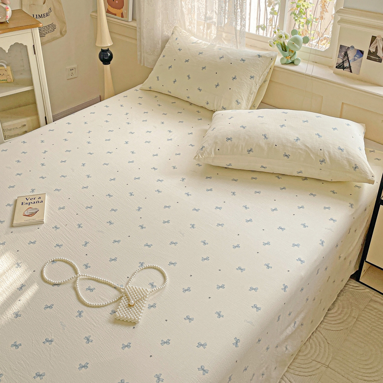 91家纺网 家纺一手货源 找家纺 暖芯优选 2025新款母婴级ins小清新双层纱印花床单枕套三件套（提供买家秀） 米黄蝴蝶结