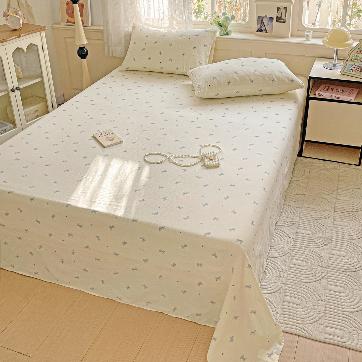 91家纺网 家纺一手货源 找家纺 暖芯优选 2025新款母婴级ins小清新双层纱印花床单枕套三件套（提供买家秀） 米黄蝴蝶结