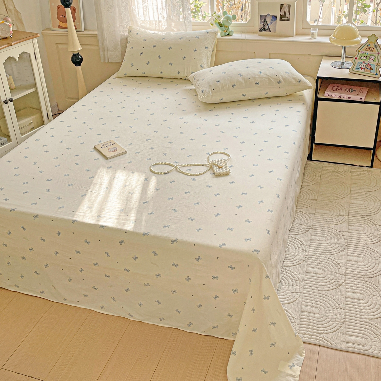 91家纺网 家纺一手货源 找家纺 暖芯优选 2025新款母婴级ins小清新双层纱印花床单枕套三件套（提供买家秀） 米黄蝴蝶结