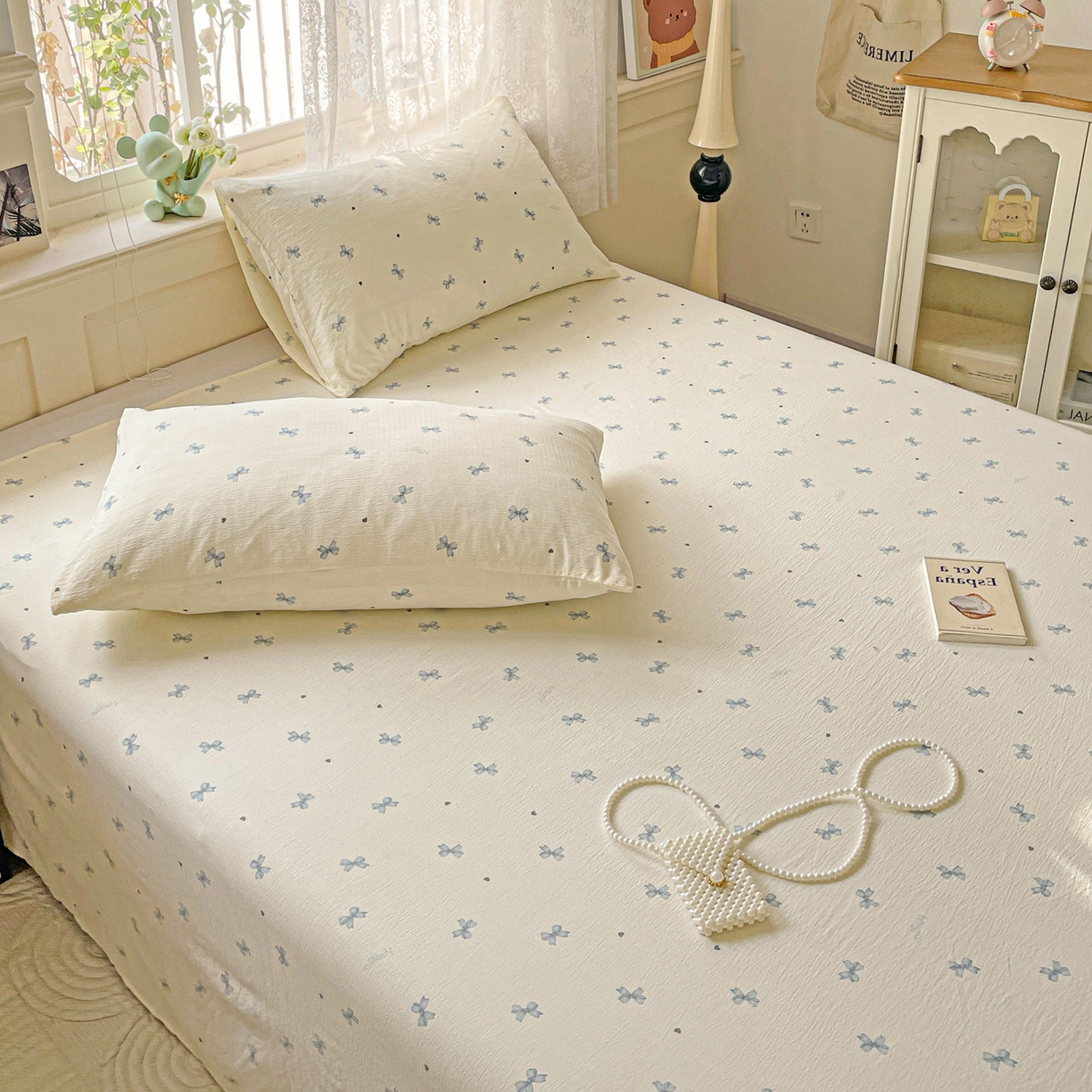 91家纺网 家纺一手货源 找家纺 暖芯优选 2025新款母婴级ins小清新双层纱印花床单枕套三件套（提供买家秀） 米黄蝴蝶结