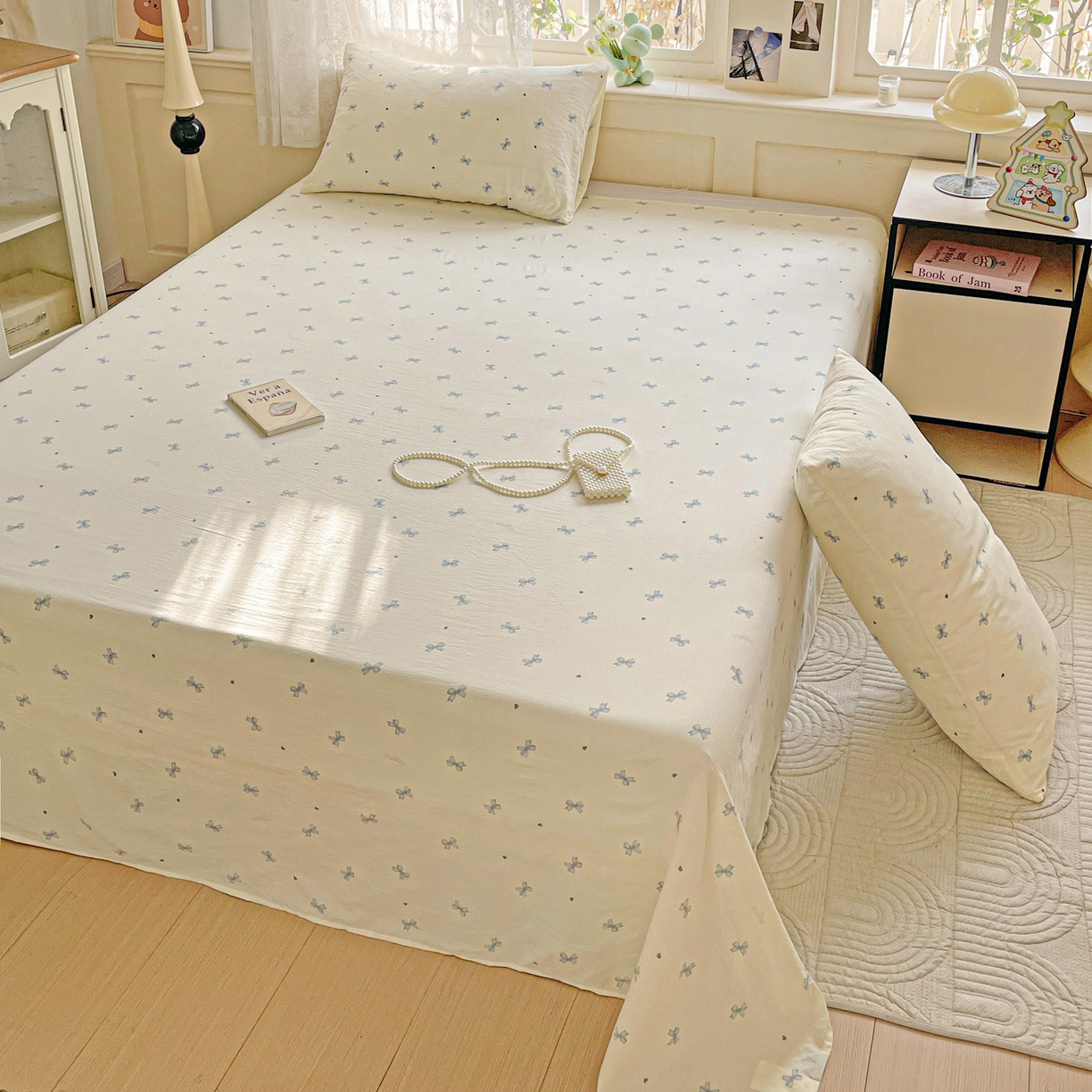 91家纺网 家纺一手货源 找家纺 暖芯优选 2025新款母婴级ins小清新双层纱印花床单枕套三件套（提供买家秀） 米黄蝴蝶结