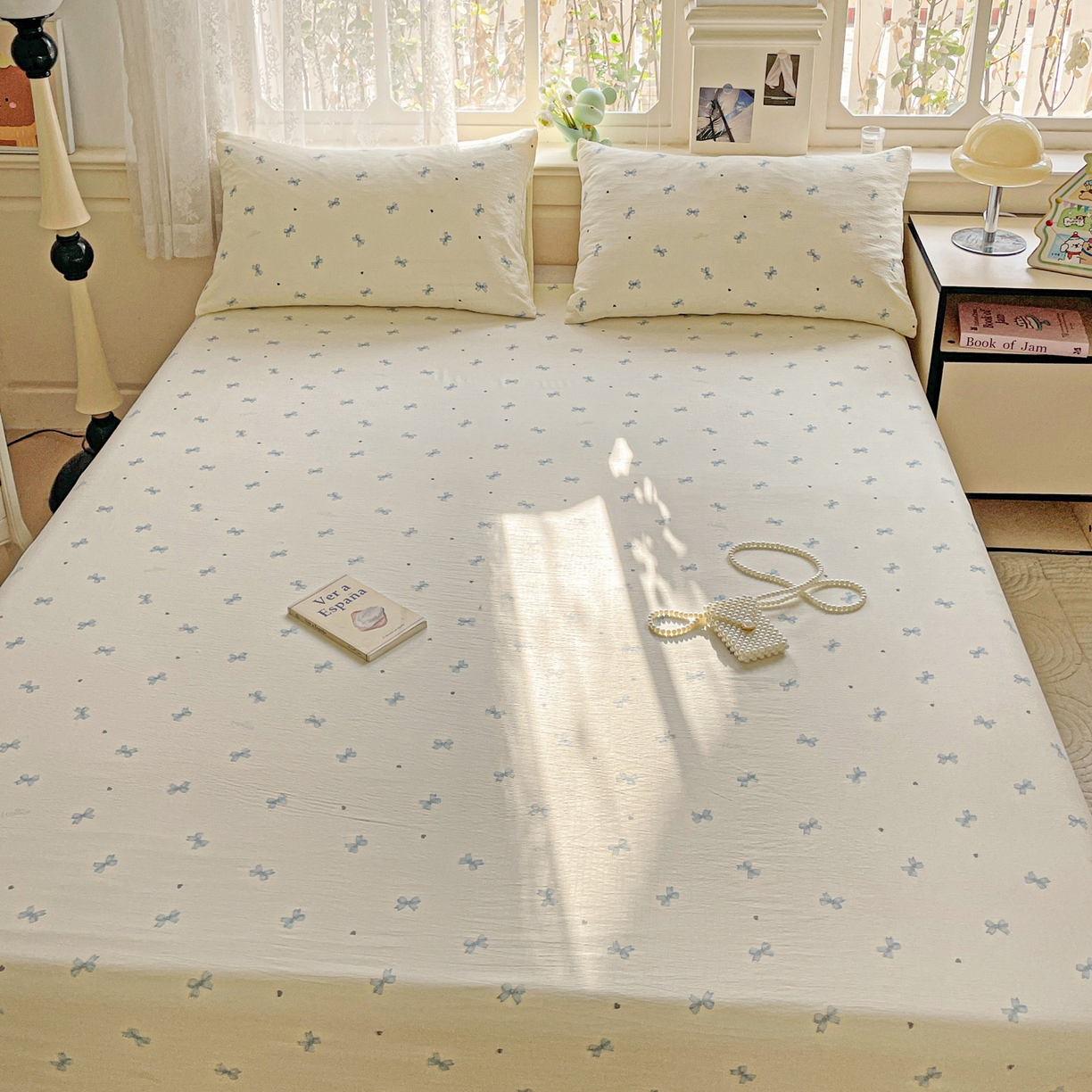 91家纺网 家纺一手货源 找家纺 暖芯优选 2025新款母婴级ins小清新双层纱印花床单枕套三件套（提供买家秀） 米黄蝴蝶结