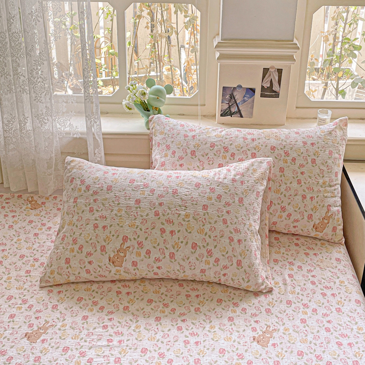 91家纺网 家纺一手货源 找家纺 暖芯优选 2025新款母婴级ins小清新双层纱印花床单枕套三件套（提供买家秀） 浅浅花语