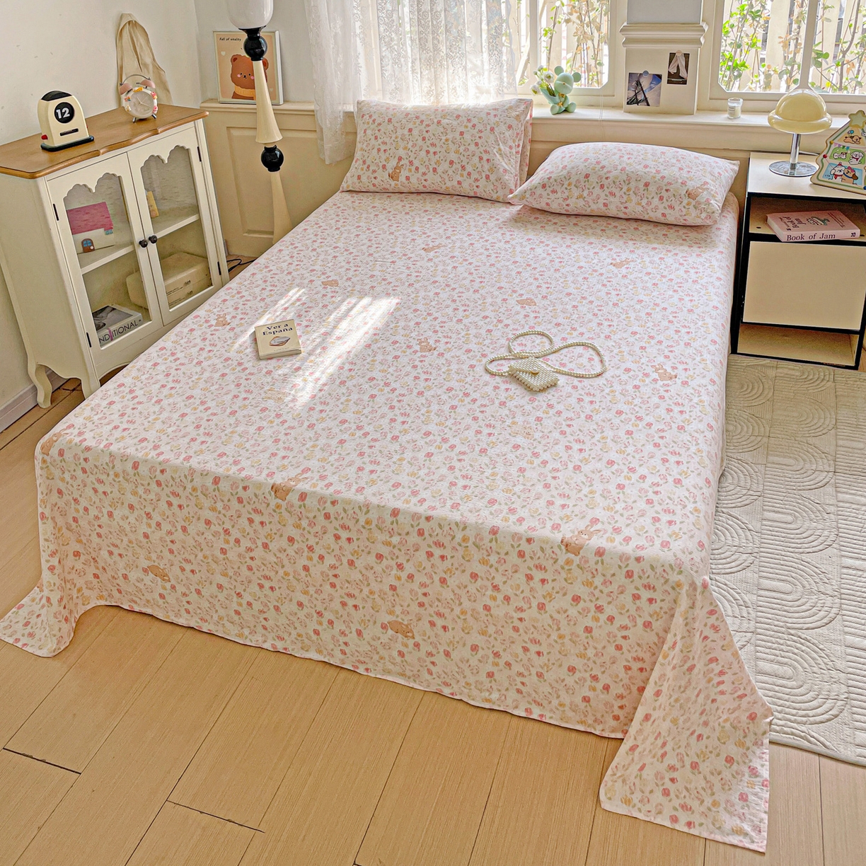 91家纺网 家纺一手货源 找家纺 暖芯优选 2025新款母婴级ins小清新双层纱印花床单枕套三件套（提供买家秀） 浅浅花语