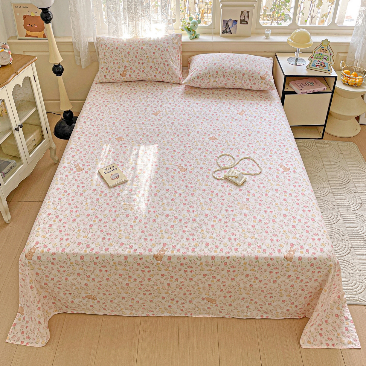 91家纺网 家纺一手货源 找家纺 暖芯优选 2025新款母婴级ins小清新双层纱印花床单枕套三件套（提供买家秀） 浅浅花语