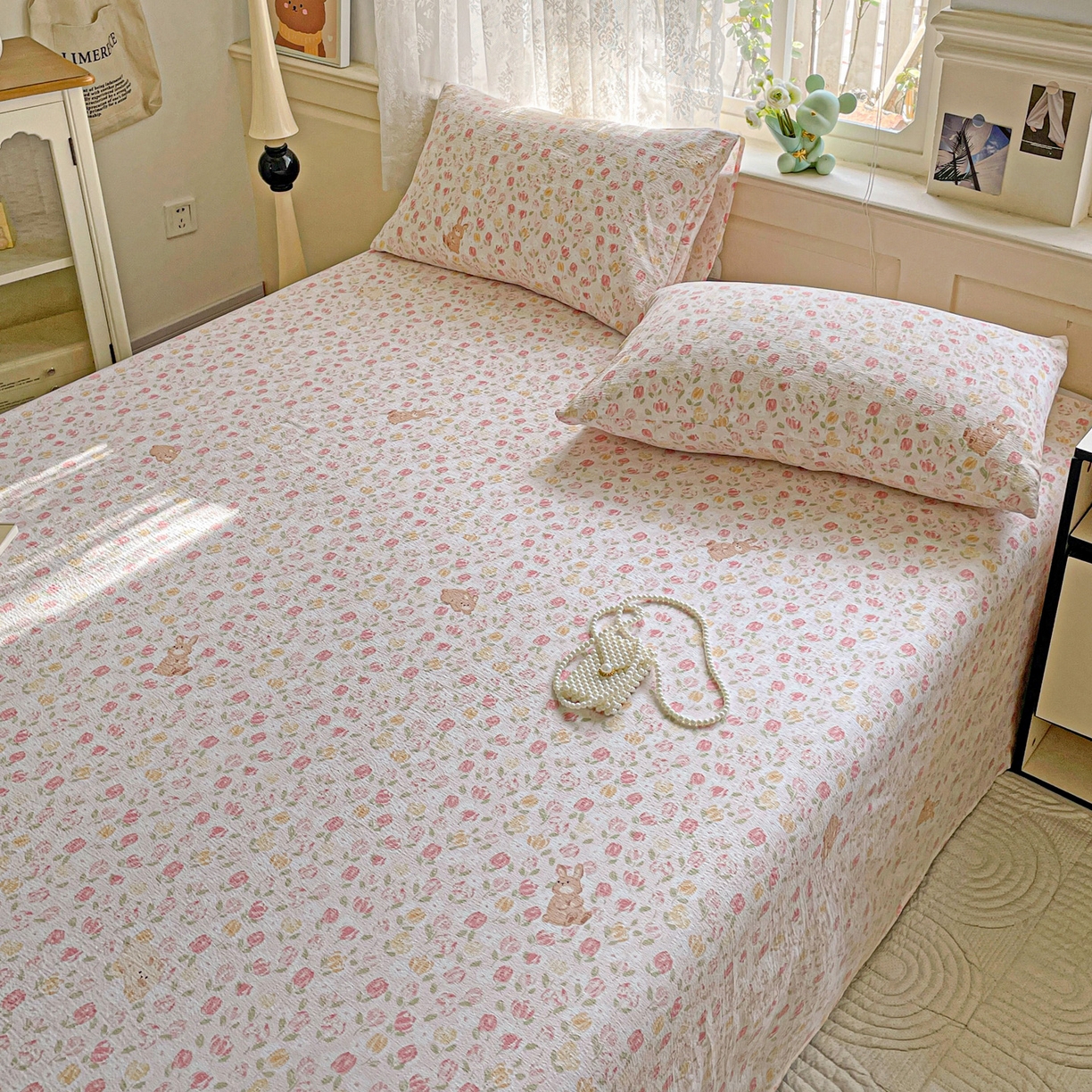 91家纺网 家纺一手货源 找家纺 暖芯优选 2025新款母婴级ins小清新双层纱印花床单枕套三件套（提供买家秀） 浅浅花语