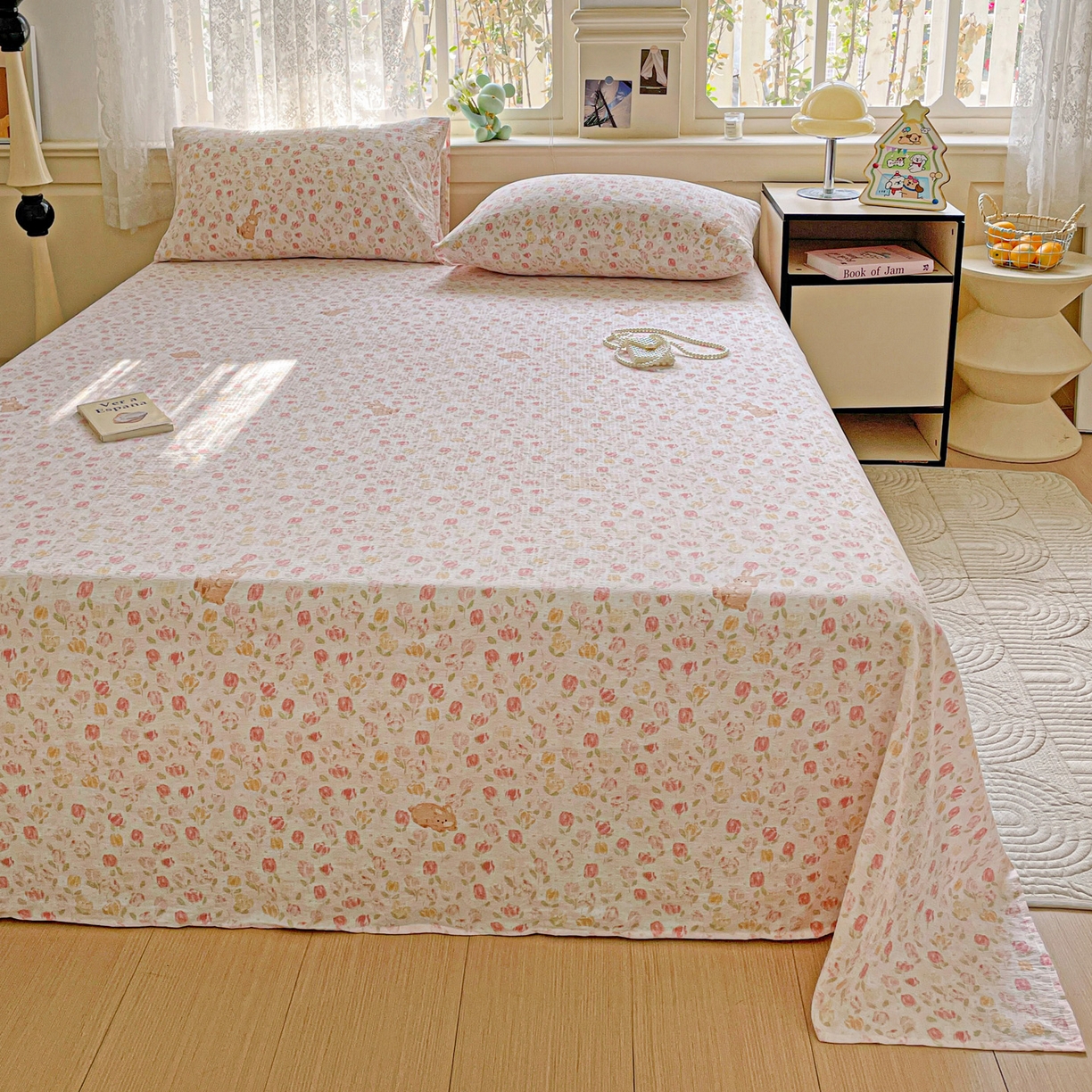 91家纺网 家纺一手货源 找家纺 暖芯优选 2025新款母婴级ins小清新双层纱印花床单枕套三件套（提供买家秀） 浅浅花语