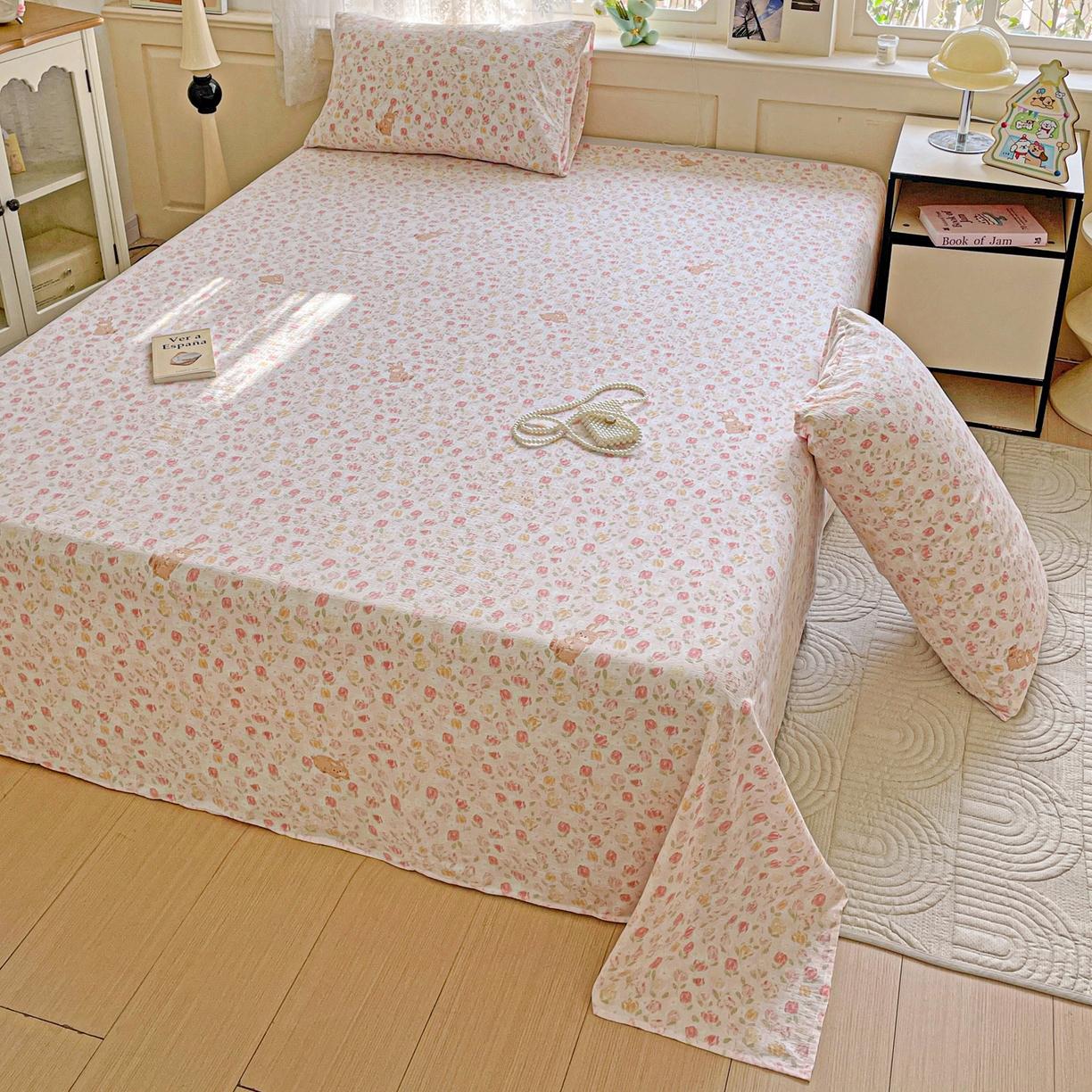 91家纺网 家纺一手货源 找家纺 暖芯优选 2025新款母婴级ins小清新双层纱印花床单枕套三件套（提供买家秀） 浅浅花语