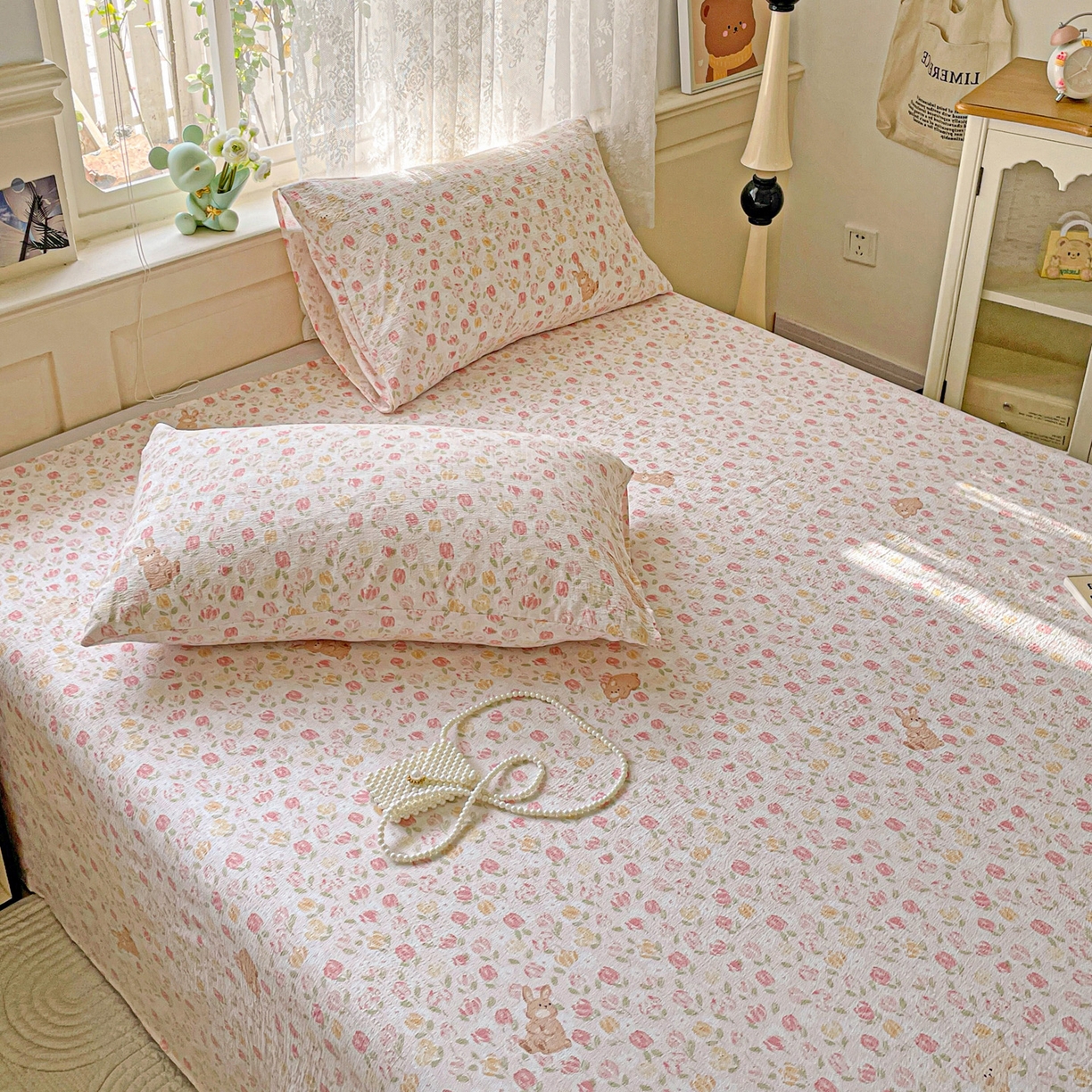 91家纺网 家纺一手货源 找家纺 暖芯优选 2025新款母婴级ins小清新双层纱印花床单枕套三件套（提供买家秀） 浅浅花语