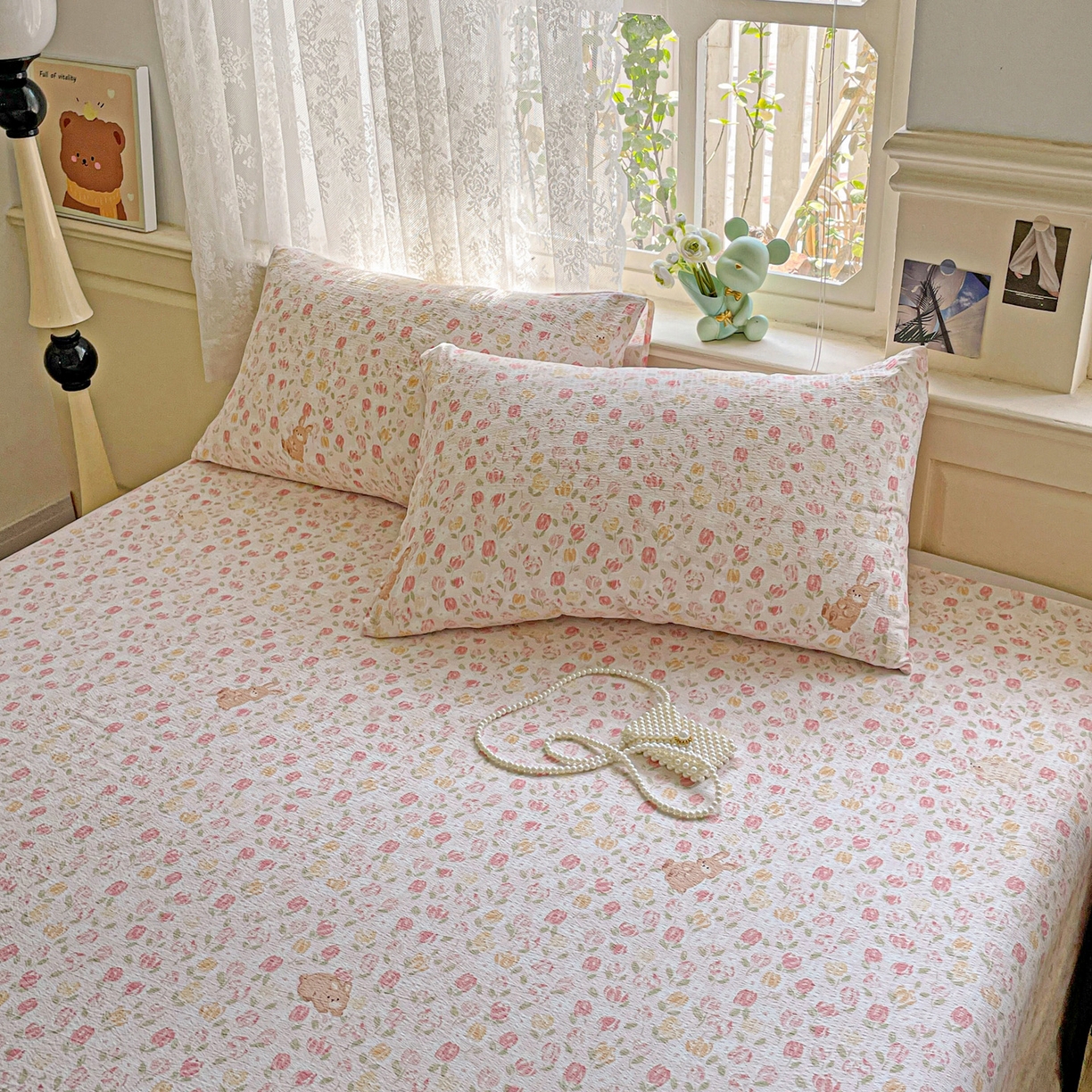 91家纺网 家纺一手货源 找家纺 暖芯优选 2025新款母婴级ins小清新双层纱印花床单枕套三件套（提供买家秀） 浅浅花语