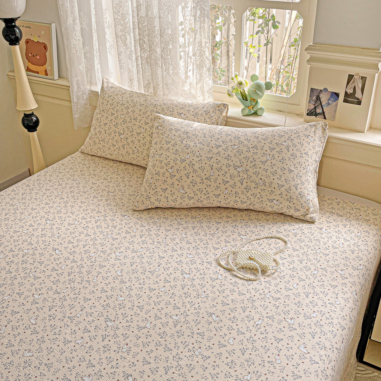 91家纺网 家纺一手货源 找家纺 暖芯优选 2025新款母婴级ins小清新双层纱印花床单枕套三件套（提供买家秀） 田园萌兔