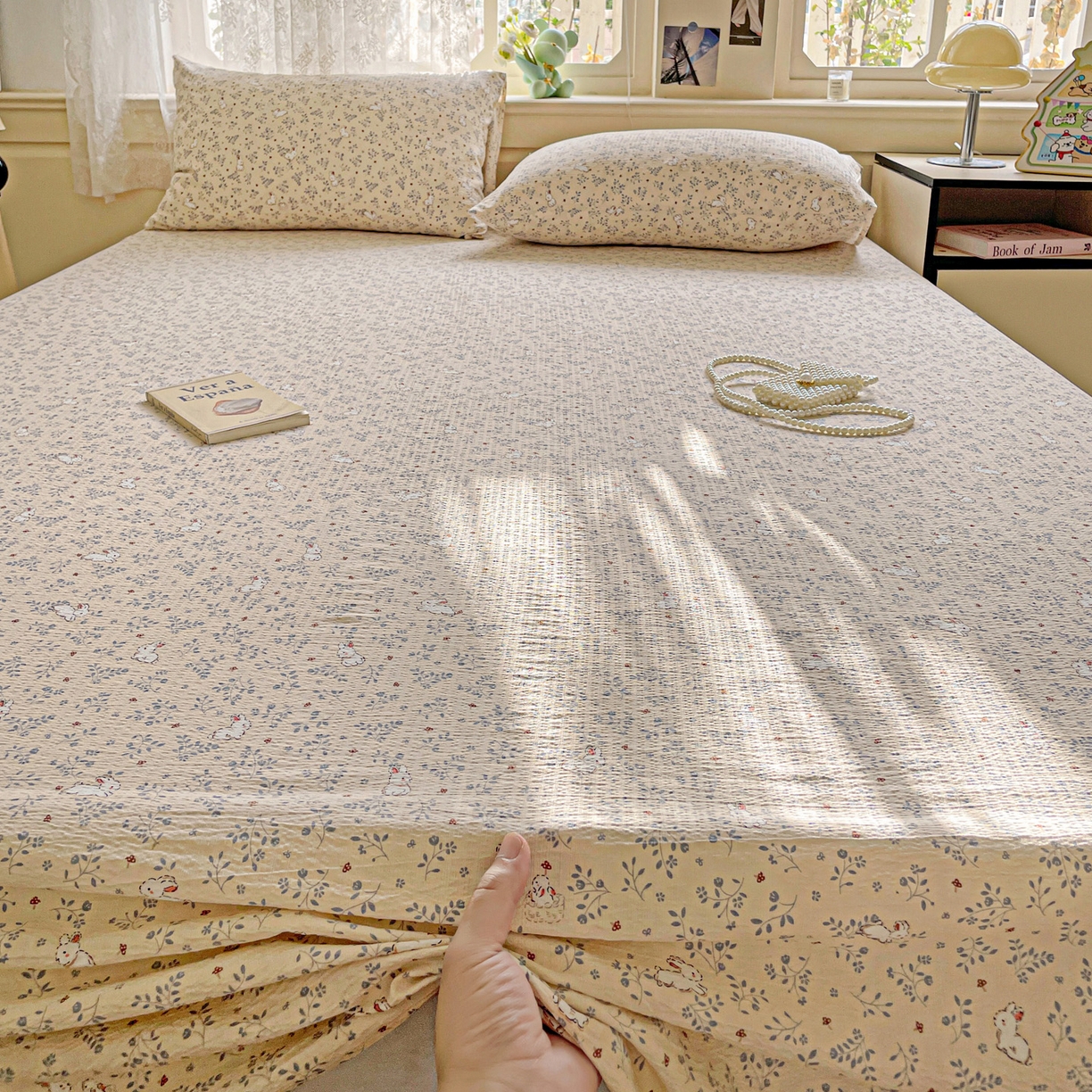 91家纺网 家纺一手货源 找家纺 暖芯优选 2025新款母婴级ins小清新双层纱印花床单枕套三件套（提供买家秀） 田园萌兔