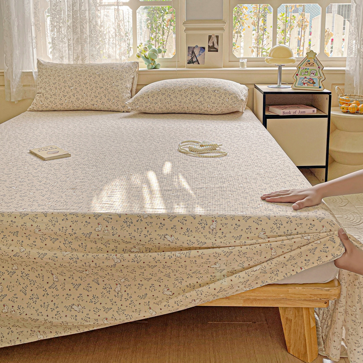 91家纺网 家纺一手货源 找家纺 暖芯优选 2025新款母婴级ins小清新双层纱印花床单枕套三件套（提供买家秀） 田园萌兔