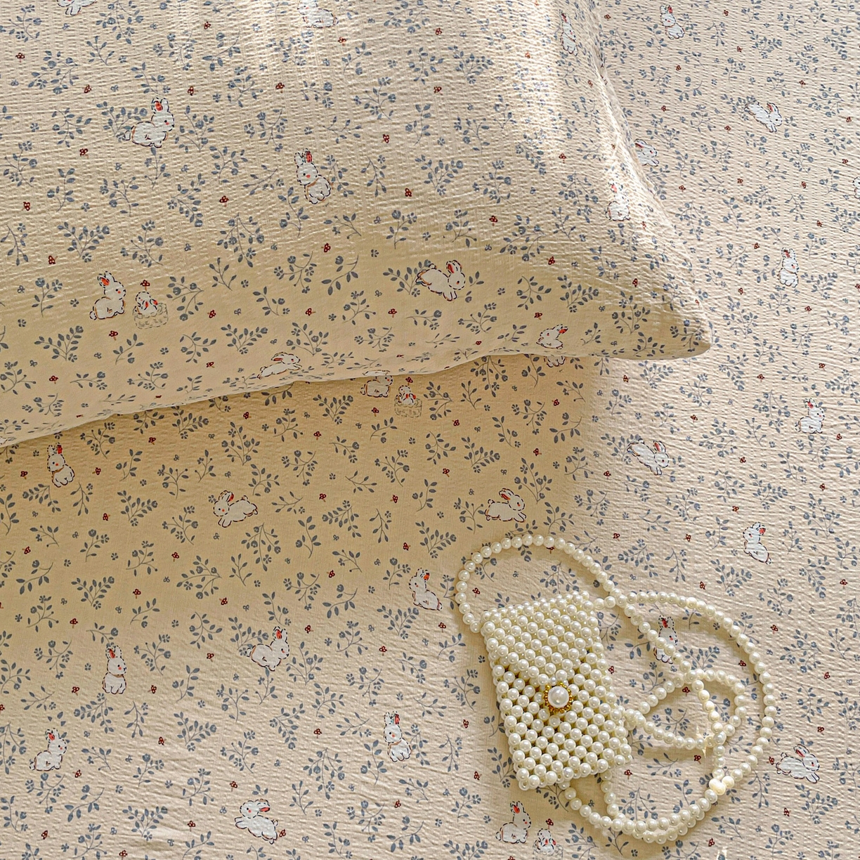 91家纺网 家纺一手货源 找家纺 暖芯优选 2025新款母婴级ins小清新双层纱印花床单枕套三件套（提供买家秀） 田园萌兔