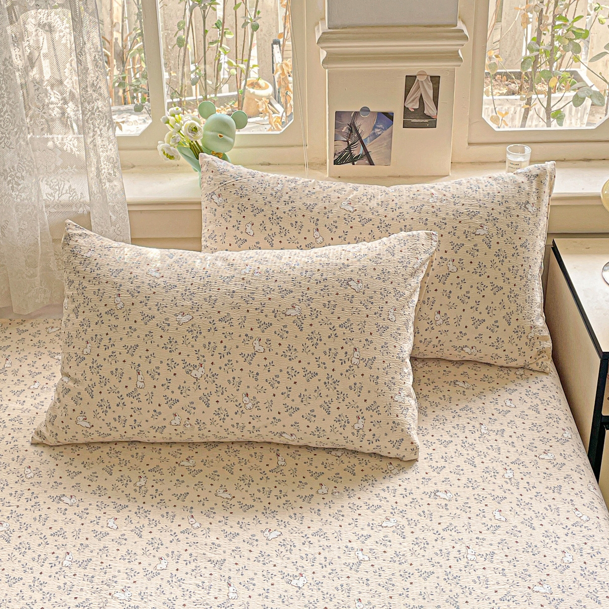 91家纺网 家纺一手货源 找家纺 暖芯优选 2025新款母婴级ins小清新双层纱印花床单枕套三件套（提供买家秀） 田园萌兔