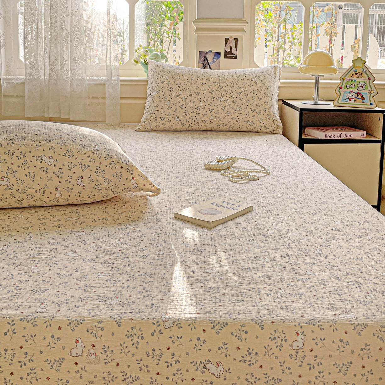 91家纺网 家纺一手货源 找家纺 暖芯优选 2025新款母婴级ins小清新双层纱印花床单枕套三件套（提供买家秀） 田园萌兔